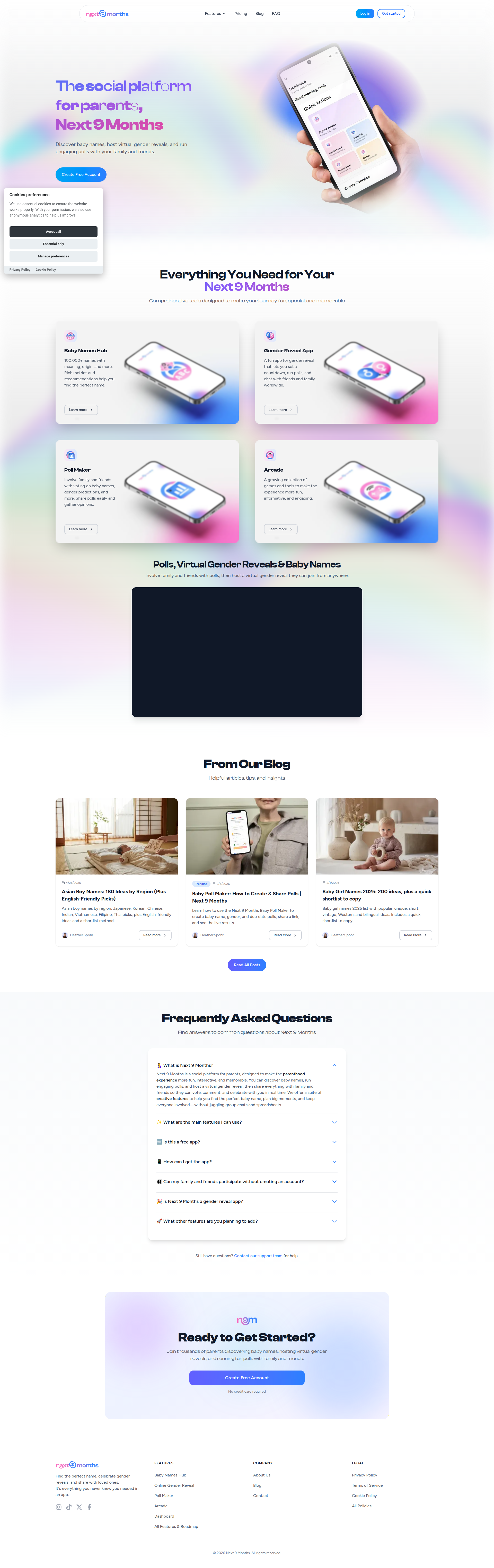 Landing page screenshot for next9months.com, 1920 by 6098 pixels