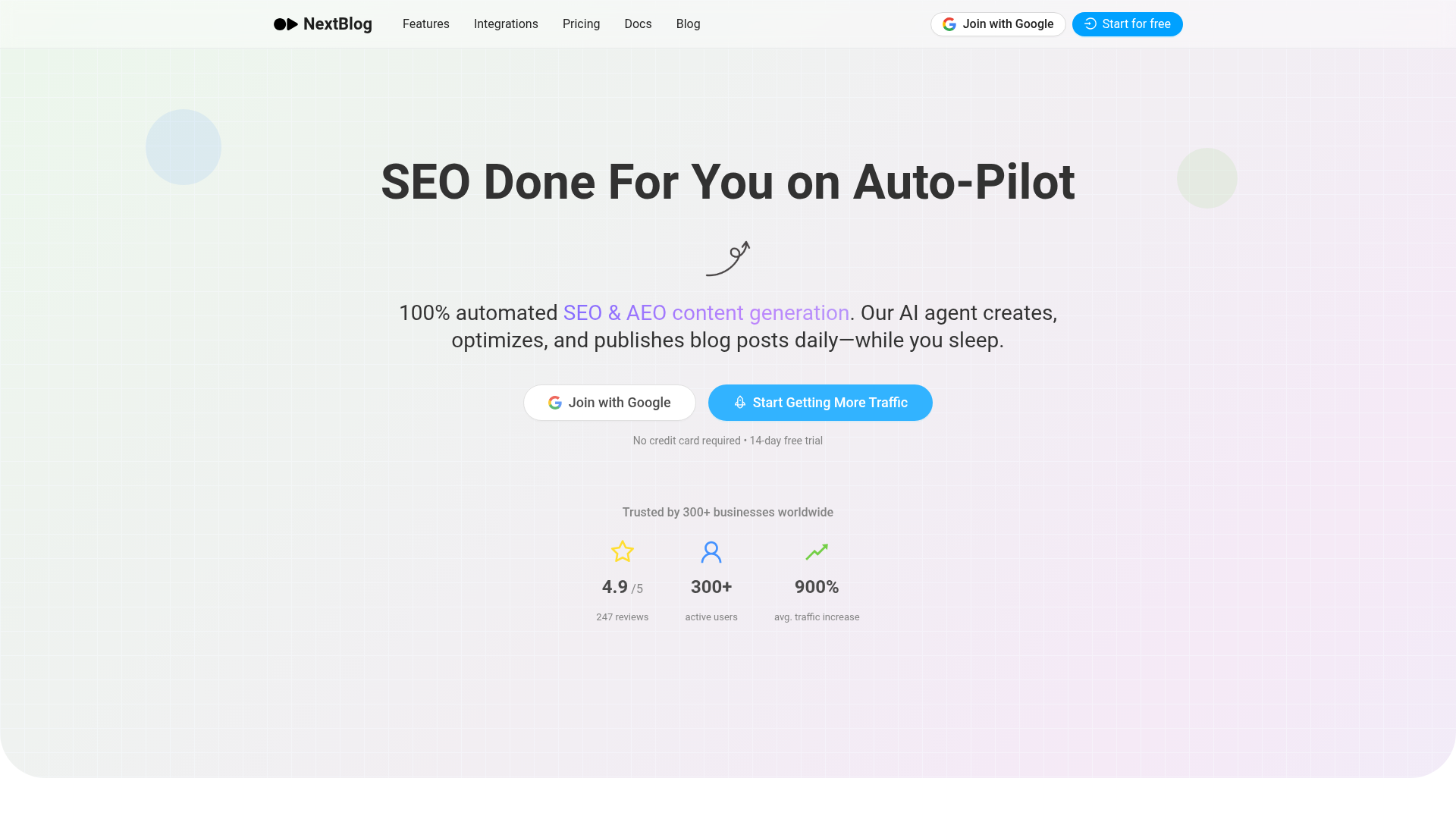 Landing page screenshot for nextblog.ai, 1920 by 1080 pixels