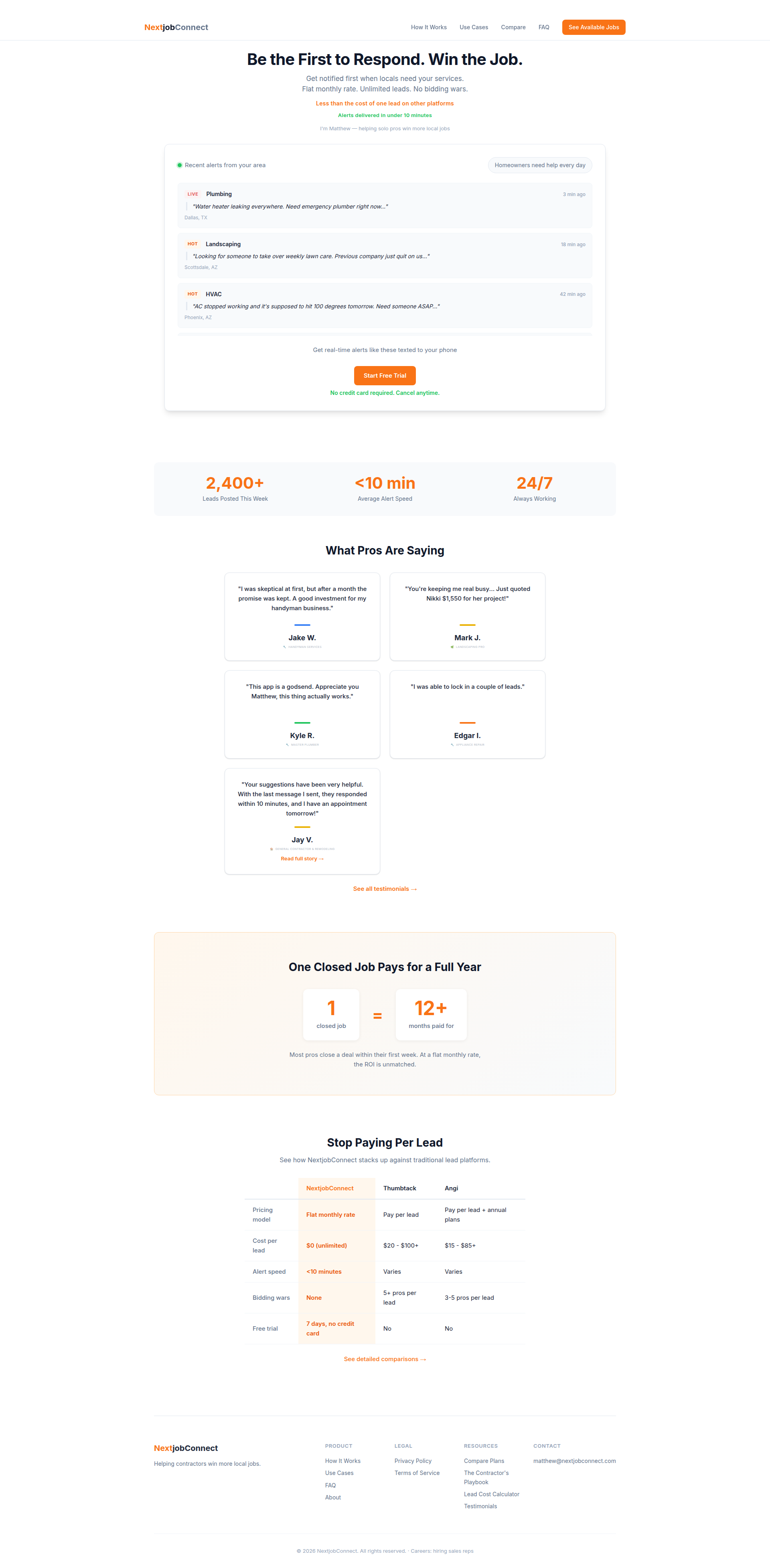 Landing page screenshot for nextjobconnect.com, 1920 by 3911 pixels