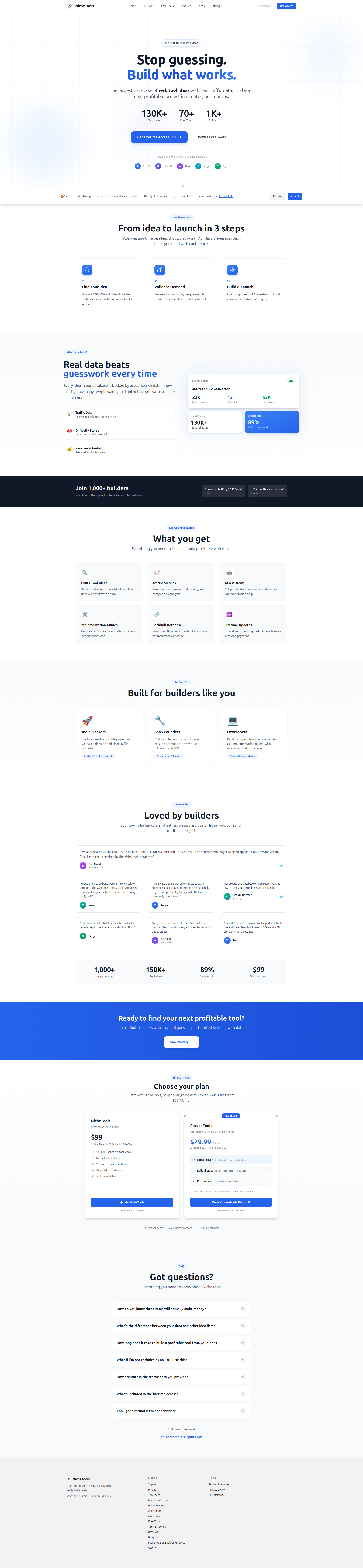 Landing page screenshot for nichetools.net, 1920 by 8285 pixels