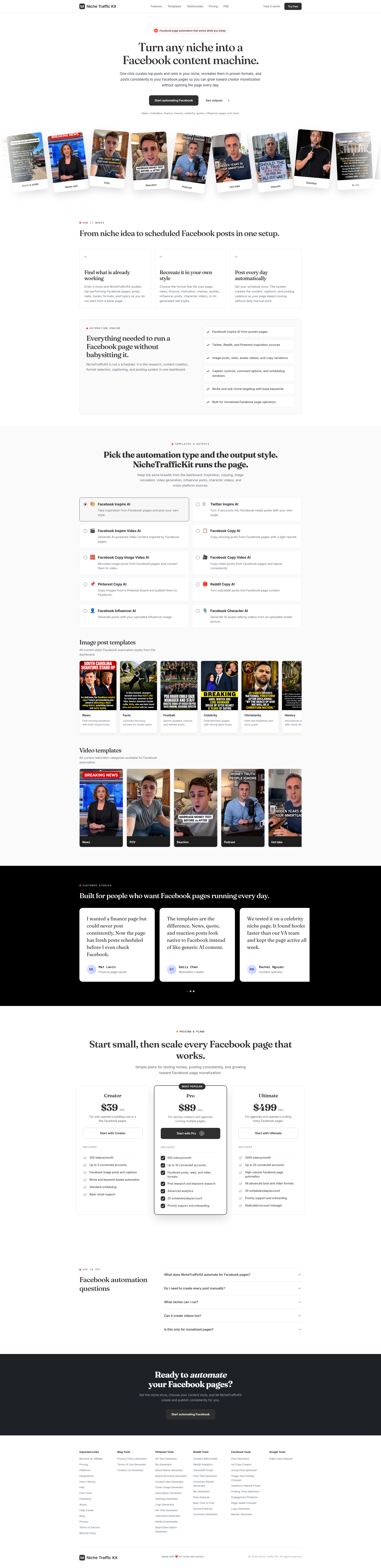 Landing page screenshot for nichetraffickit.com, 1920 by 7898 pixels