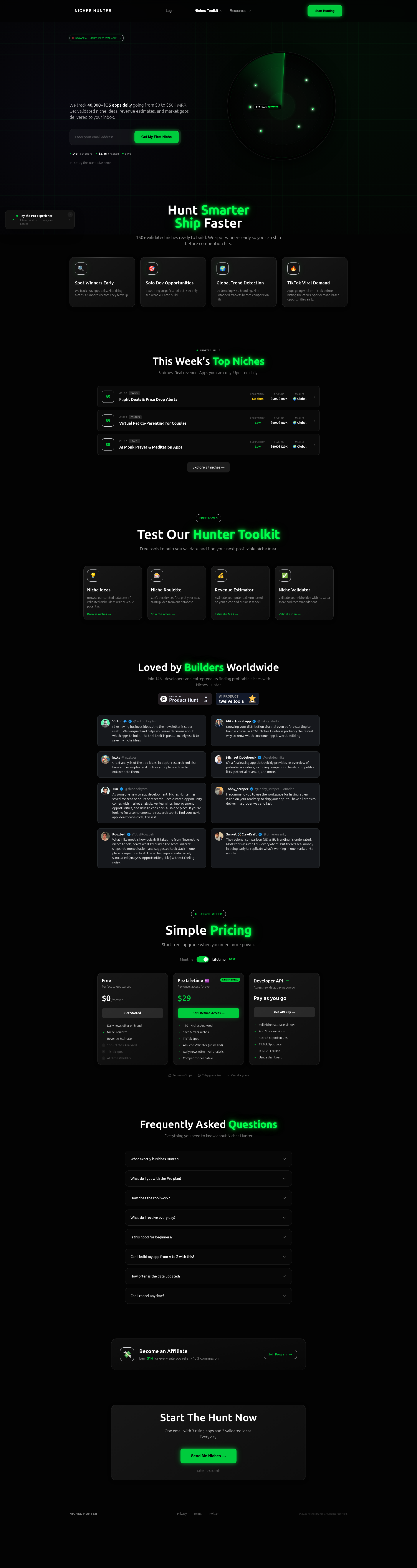 Landing page screenshot for nicheshunter.app, 1920 by 7222 pixels