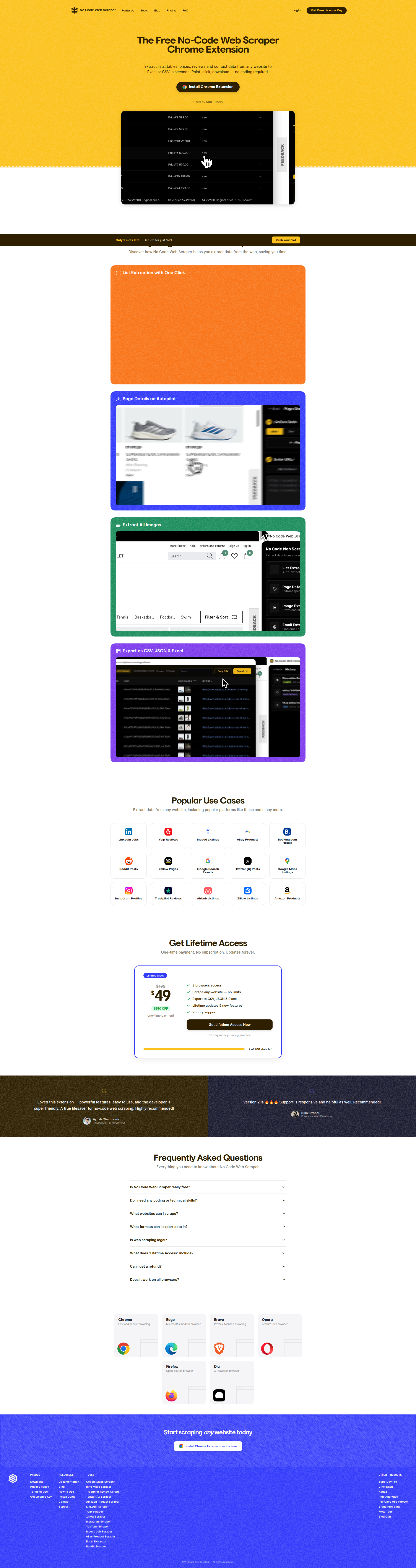 Landing page screenshot for nocodewebscraper.com, 1920 by 7240 pixels