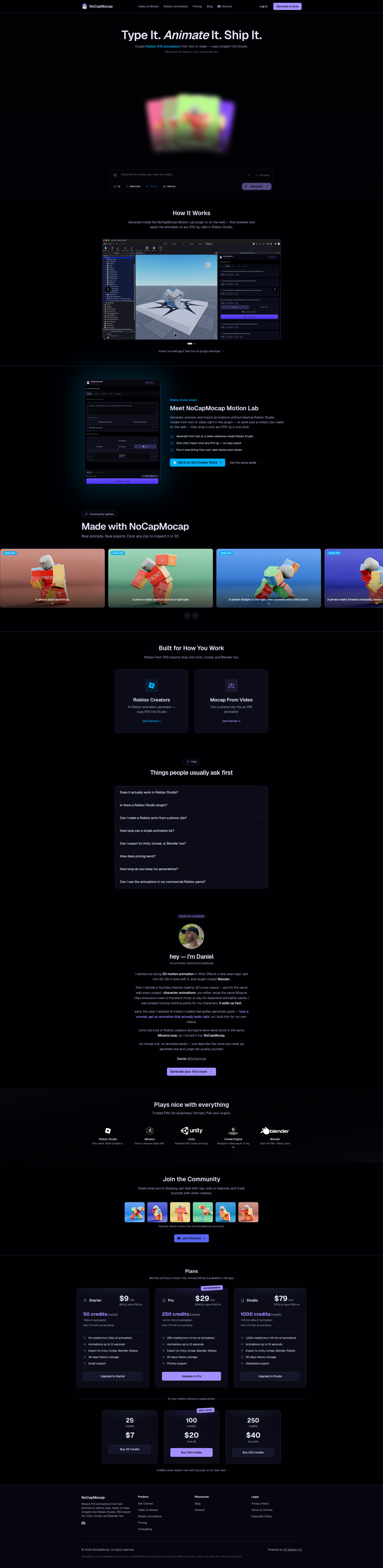 Landing page screenshot for nocapmocap.com, 1920 by 7857 pixels