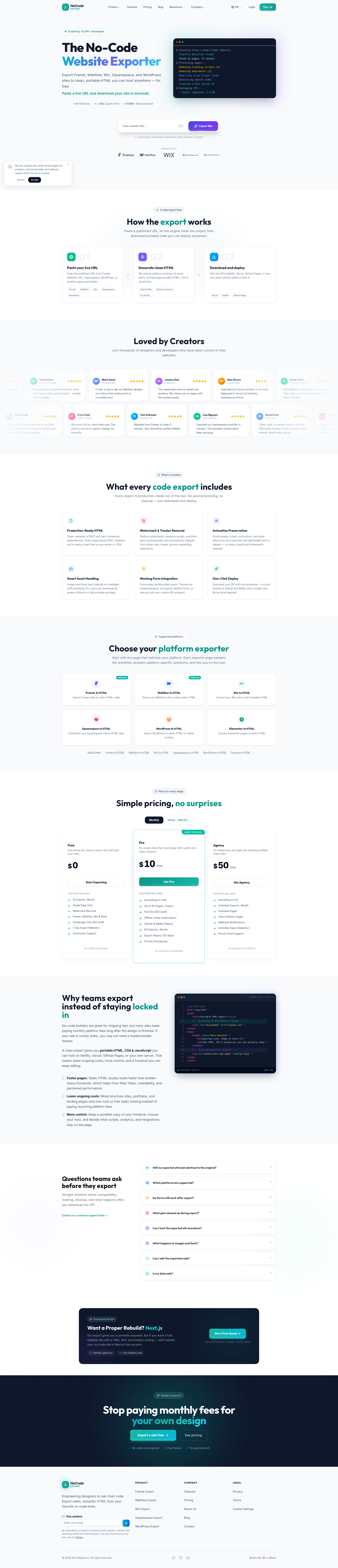 Landing page screenshot for nocodeexport.com, 1920 by 8918 pixels