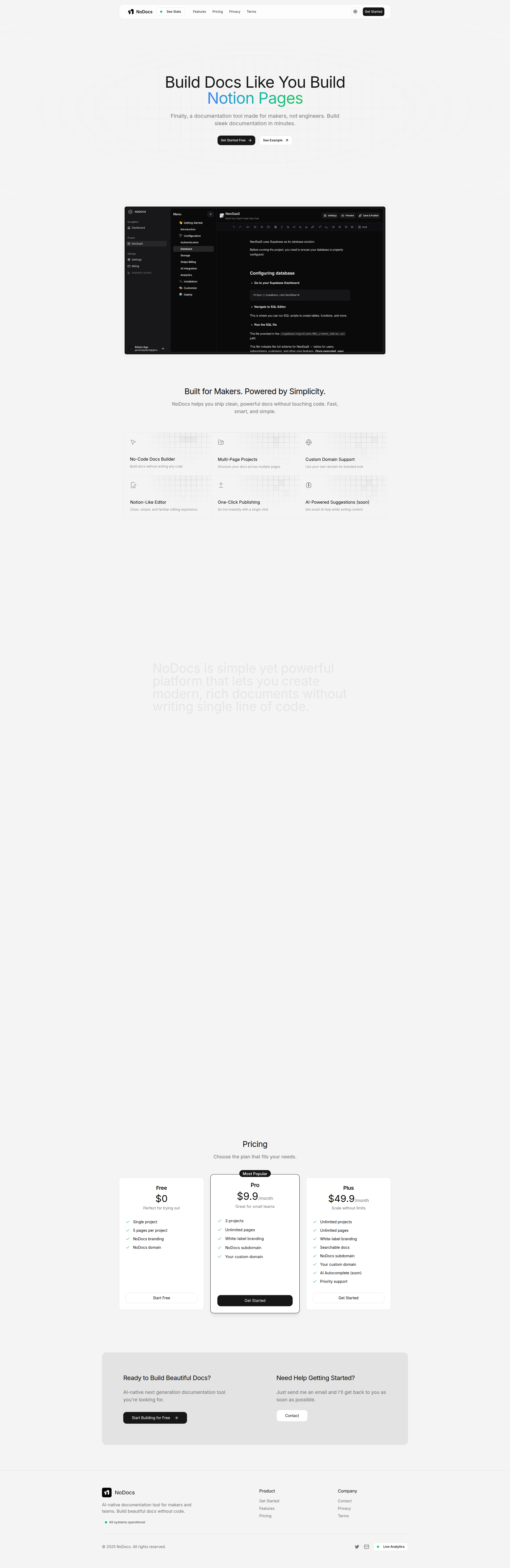 Landing page screenshot for nodocs.io, 1920 by 5899 pixels