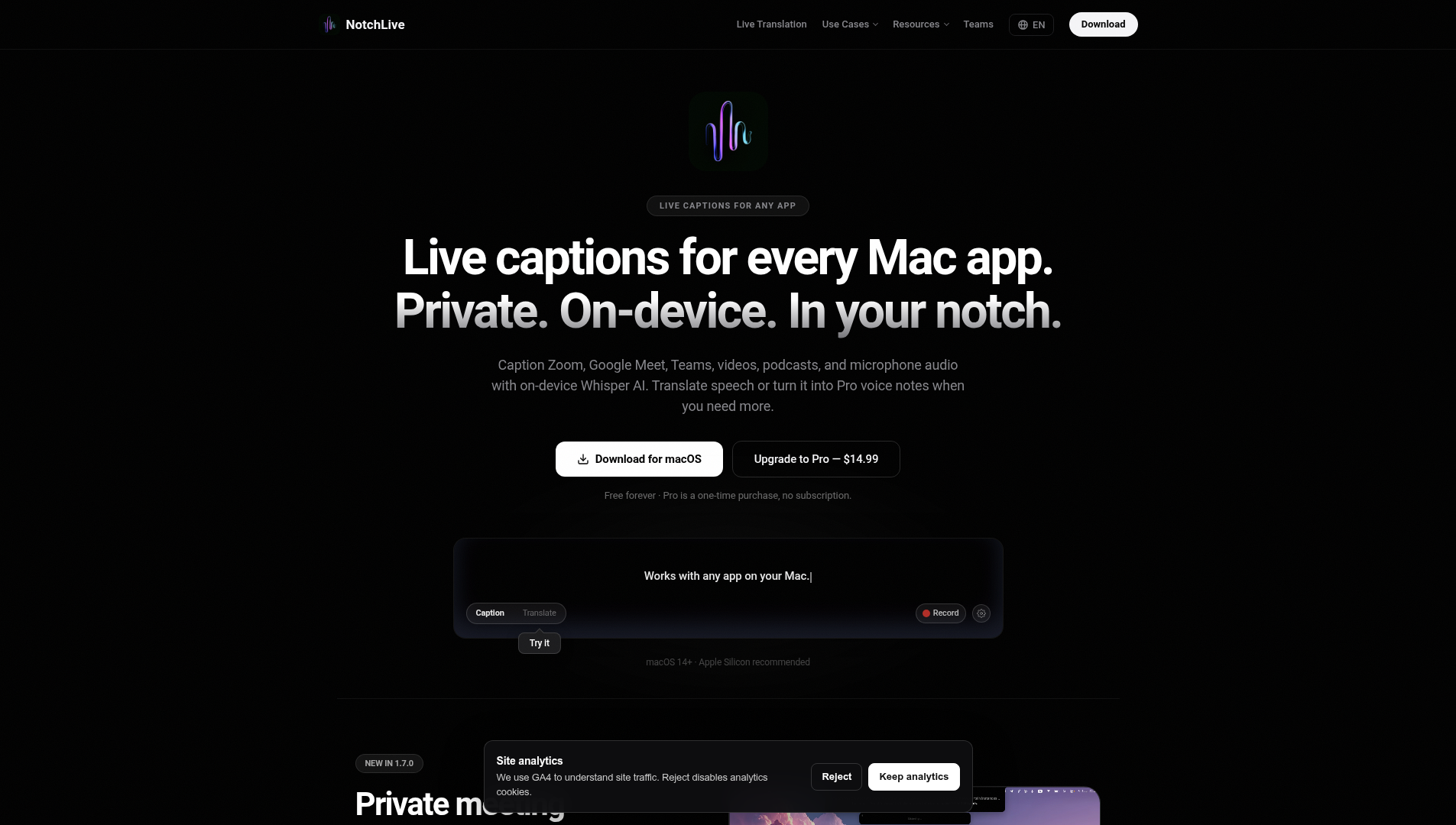 Landing page screenshot for notchlive.app, 1905 by 1080 pixels
