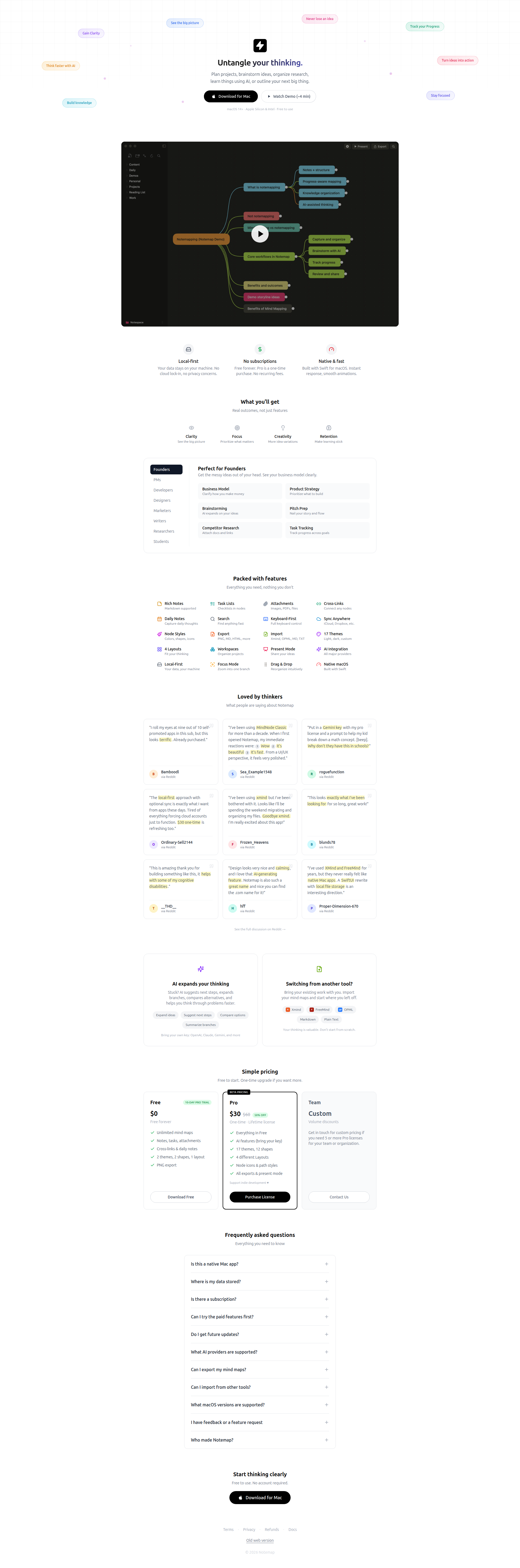 Landing page screenshot for notemap.com, 1920 by 5791 pixels