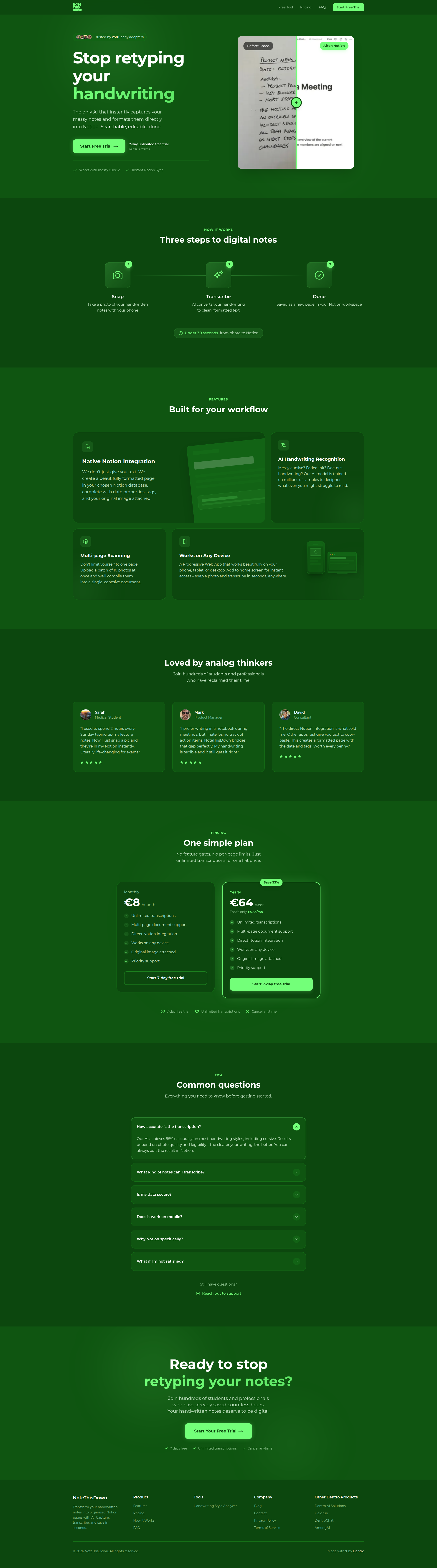 Landing page screenshot for note-this-down.com, 1920 by 6895 pixels