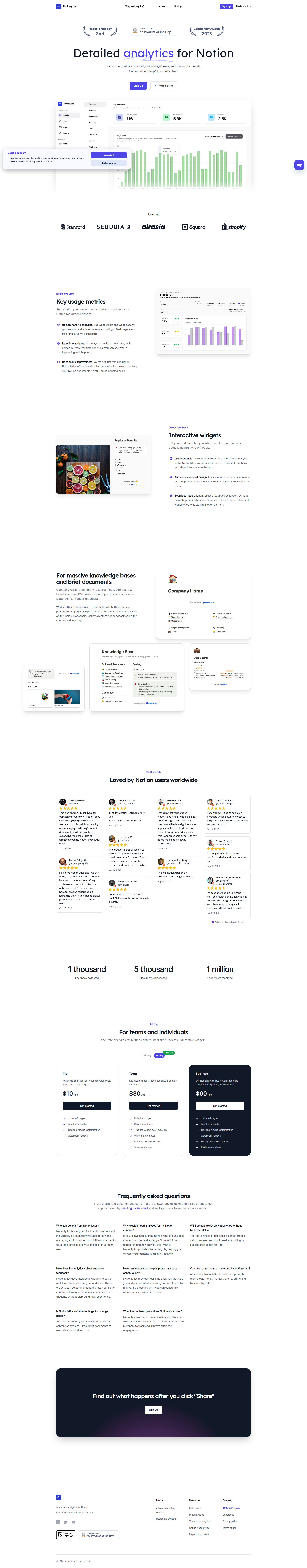 Landing page screenshot for notionlytics.com, 1920 by 9808 pixels