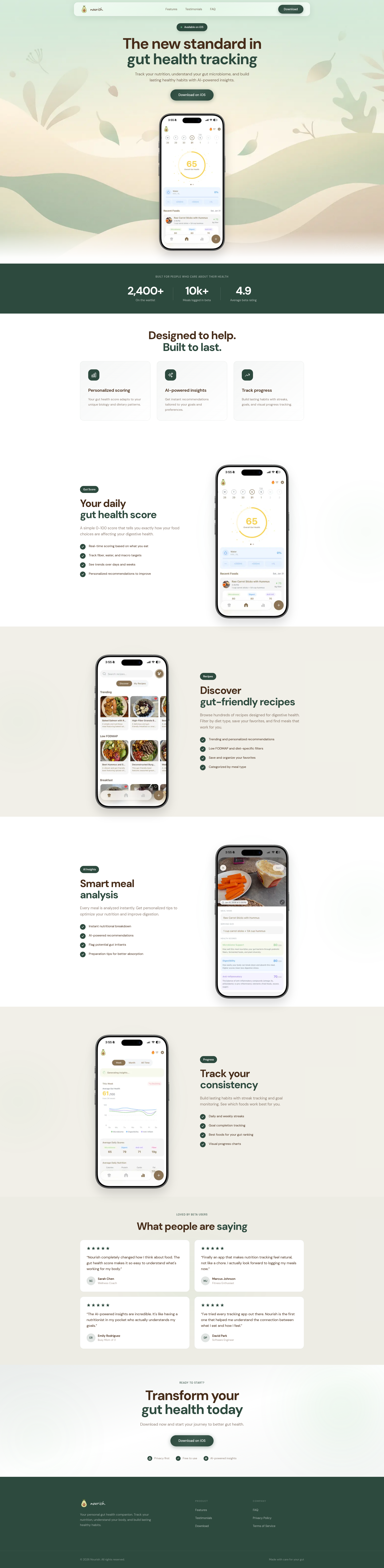 Landing page screenshot for nourishhealth.app, 1920 by 7841 pixels