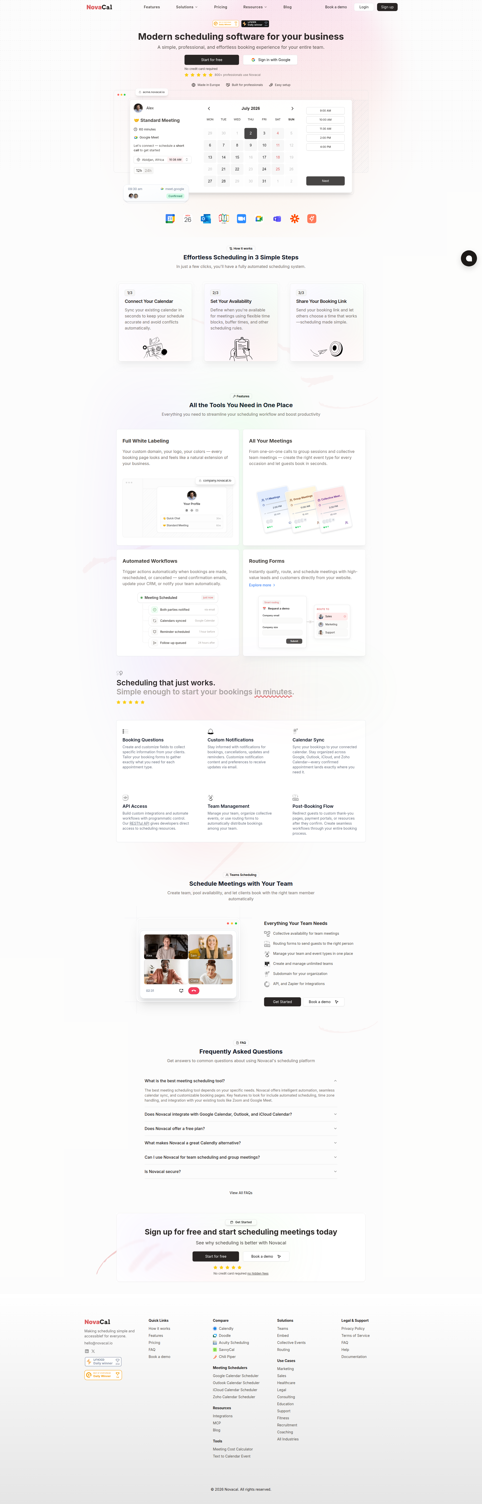 Landing page screenshot for novacal.io, 1920 by 5984 pixels