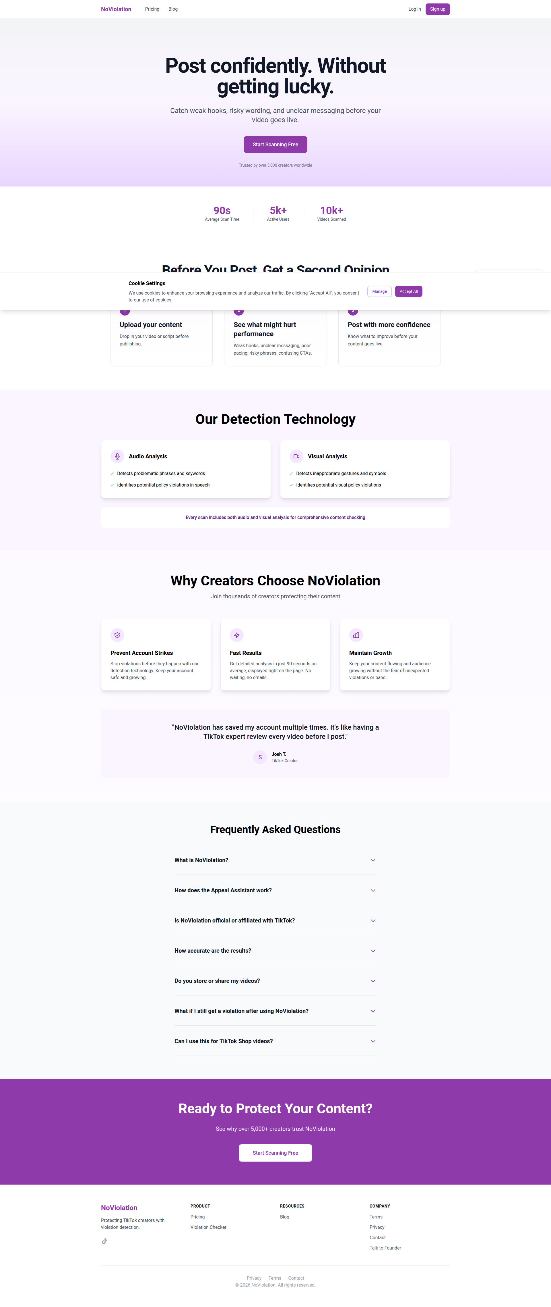 Landing page screenshot for noviolation.ai, 1920 by 4548 pixels