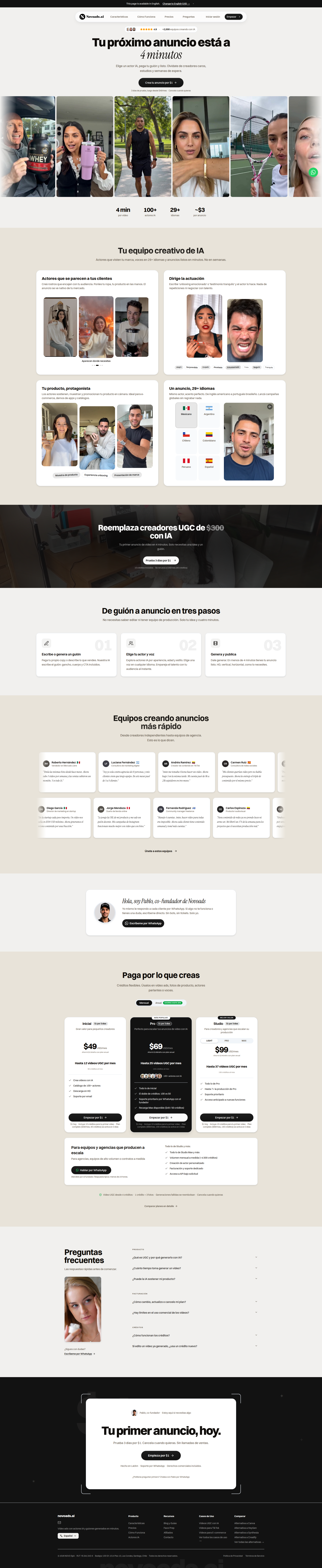 Landing page screenshot for novoads.ai, 1920 by 9356 pixels