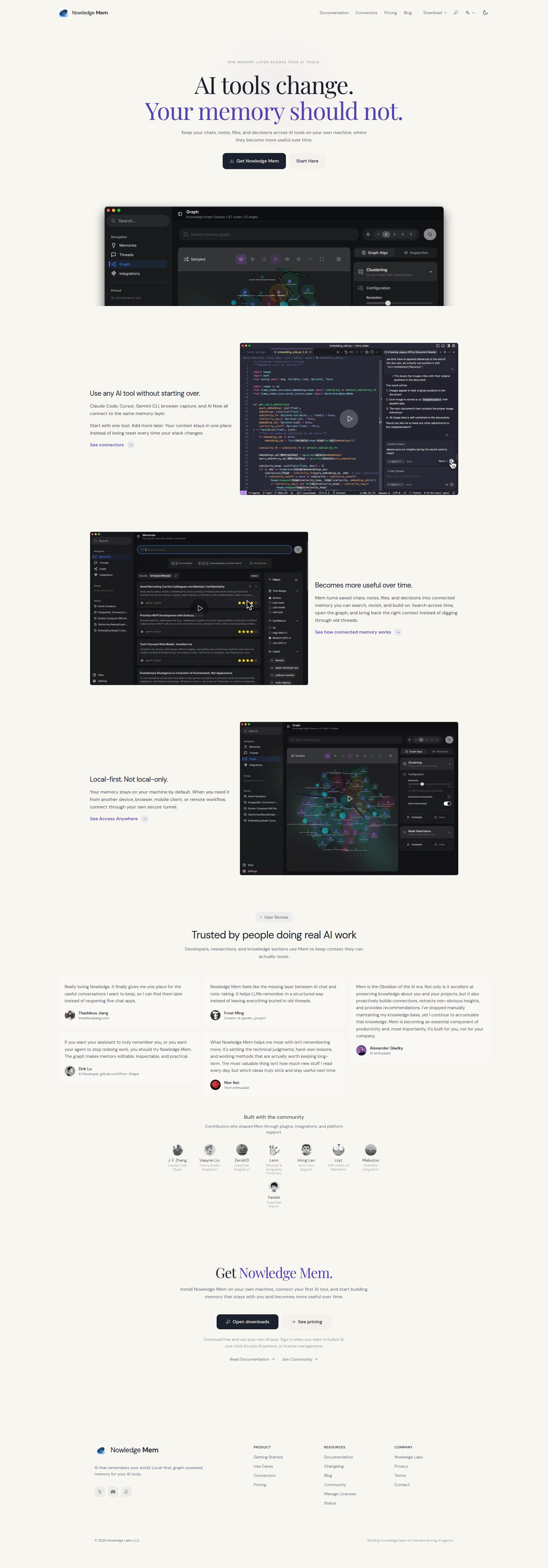 Landing page screenshot for mem.nowledge.co, 1905 by 5452 pixels