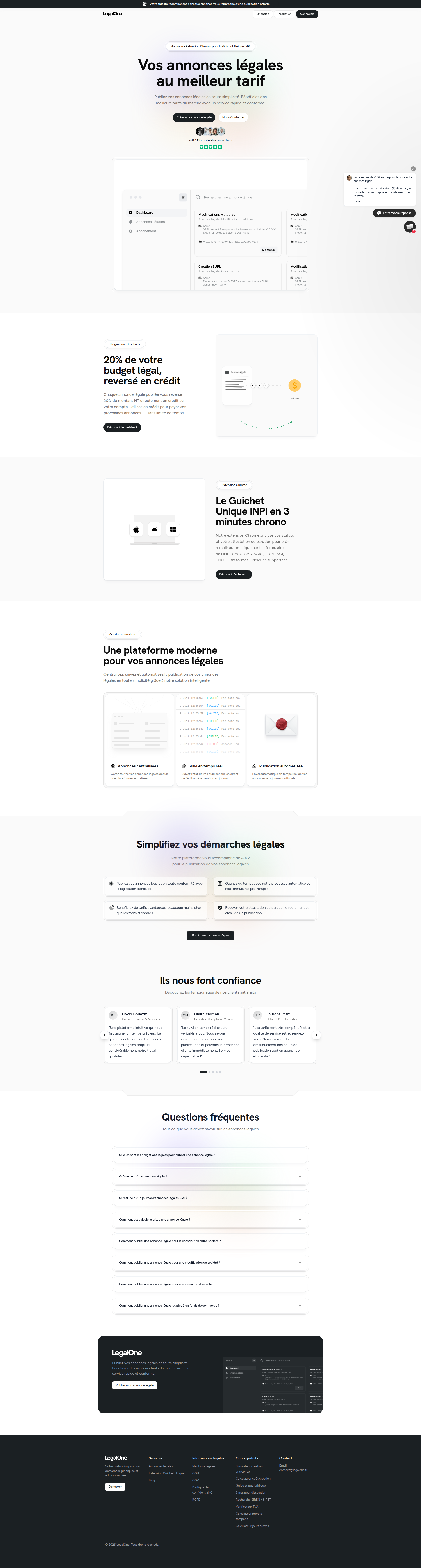 Landing page screenshot for legalone.fr, 1920 by 7143 pixels