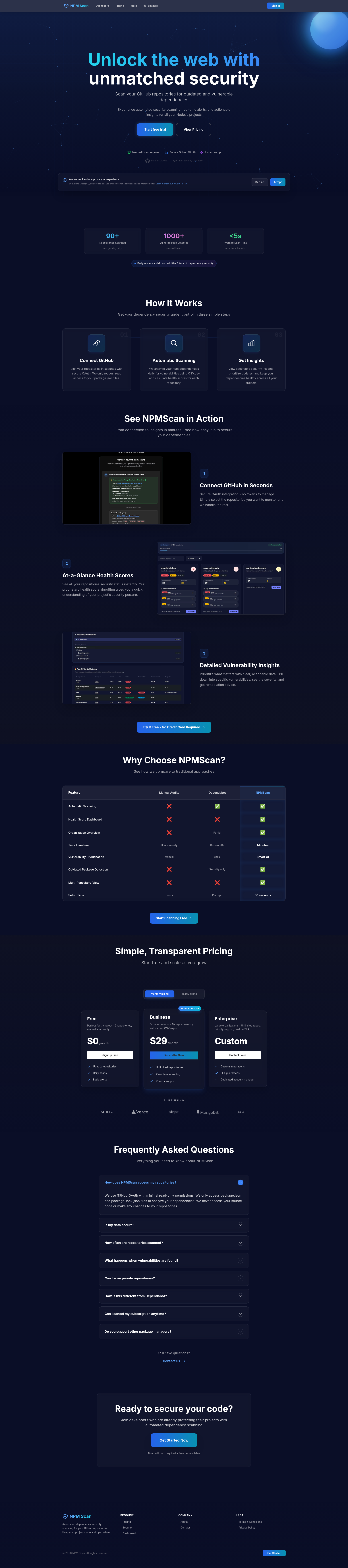 Landing page screenshot for npmscan.io, 1920 by 8655 pixels