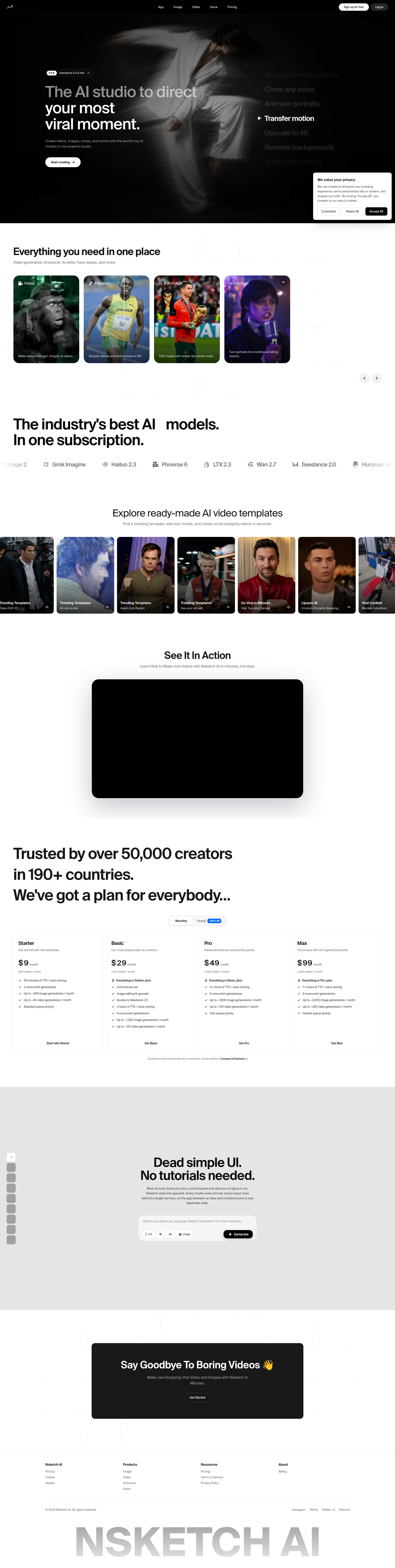 Landing page screenshot for nsketch.ai, 1910 by 7587 pixels