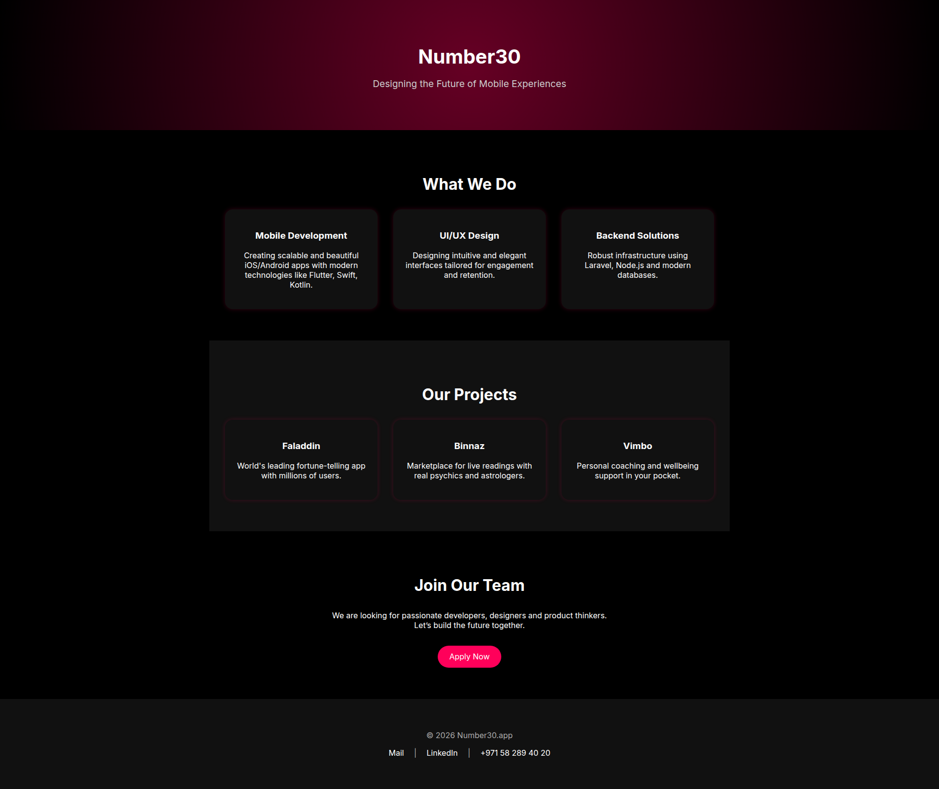 Landing page screenshot for number30.app, 1920 by 1613 pixels