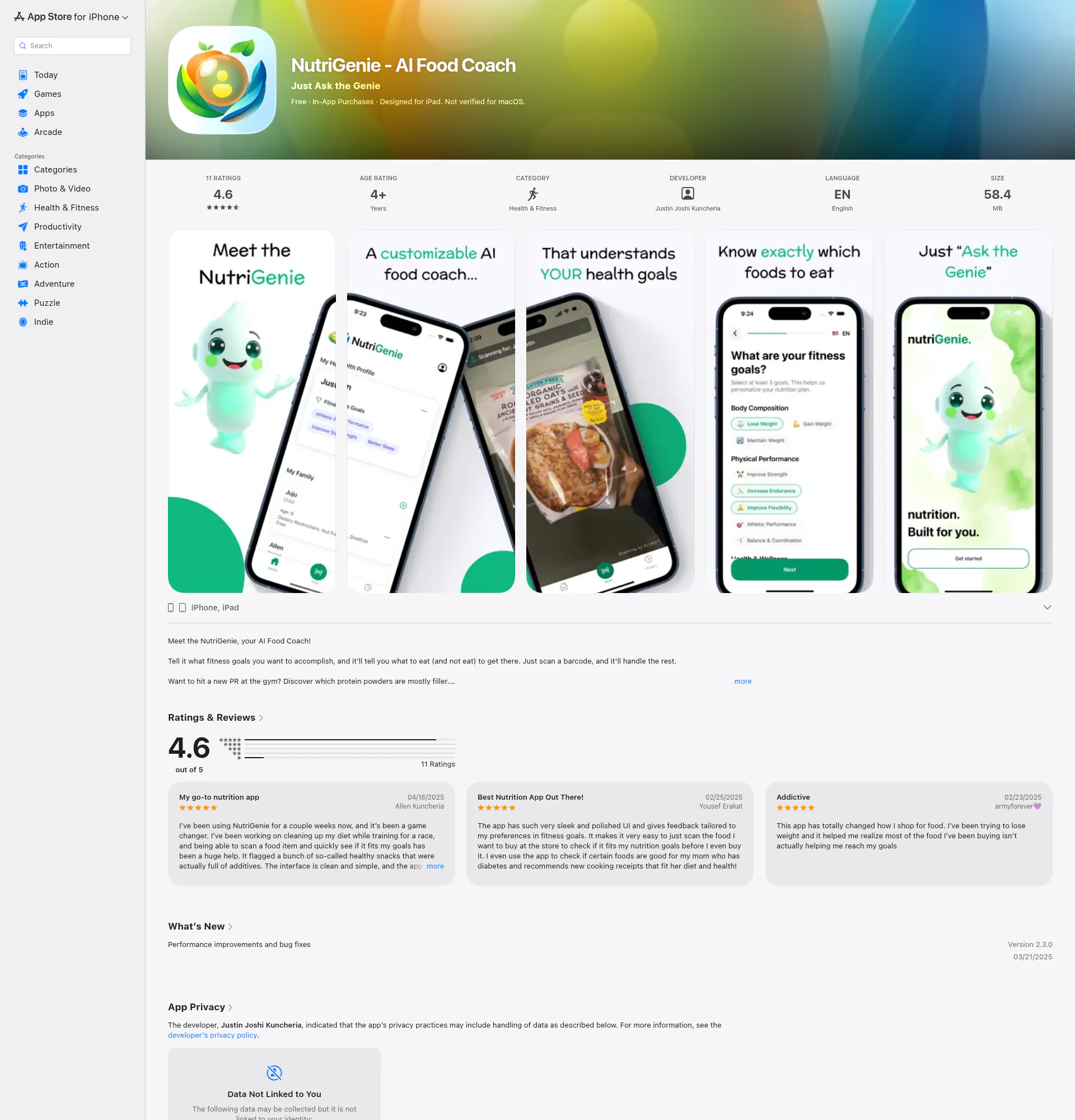 NutriGenie landing page