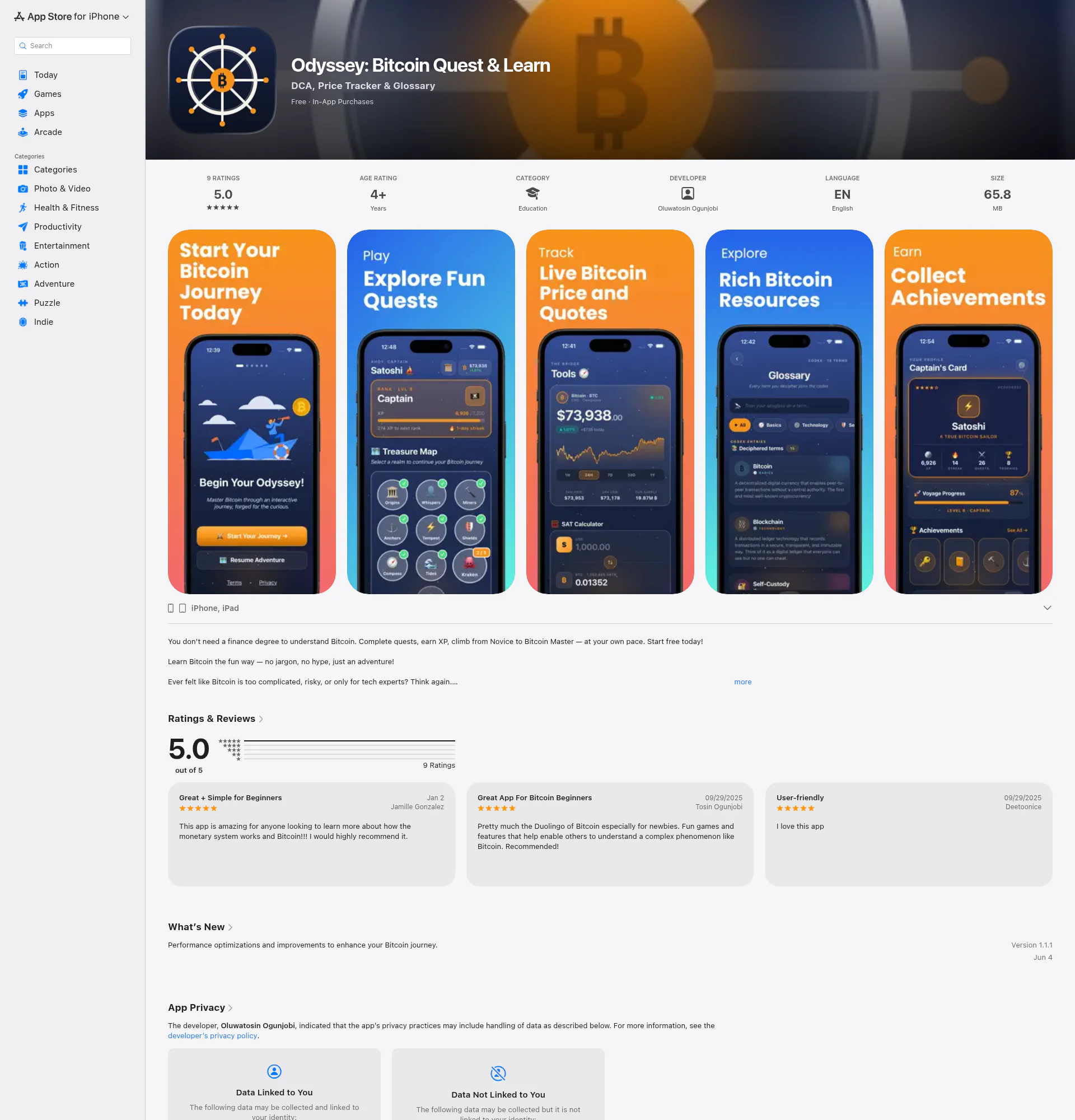 Odyssey: Bitcoin Quest & Learn landing page
