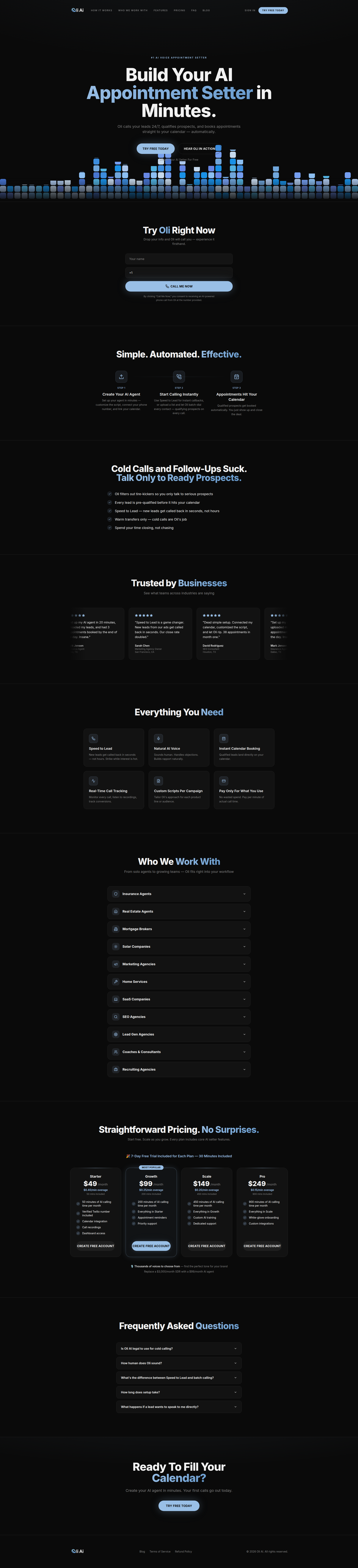 Landing page screenshot for tryoli.ai, 1920 by 8395 pixels