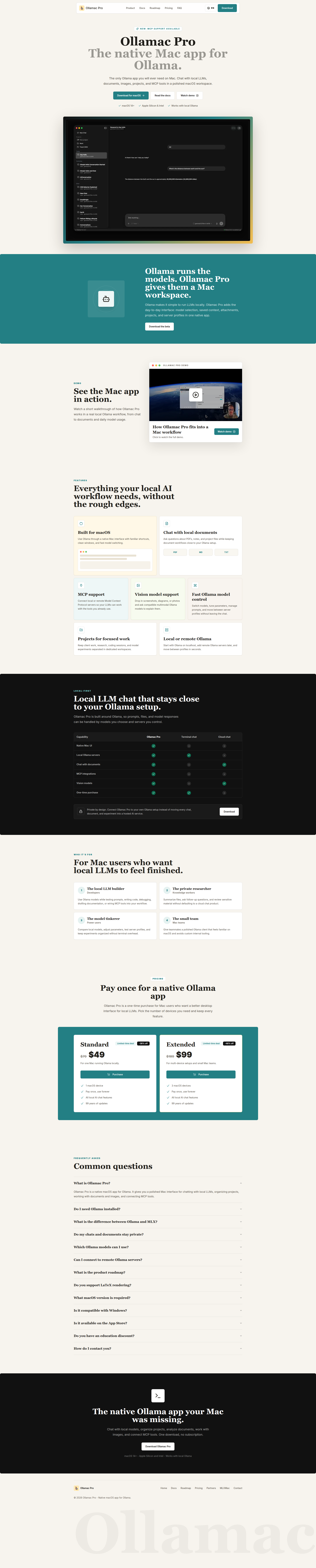 Landing page screenshot for ollamac.com, 1920 by 9522 pixels