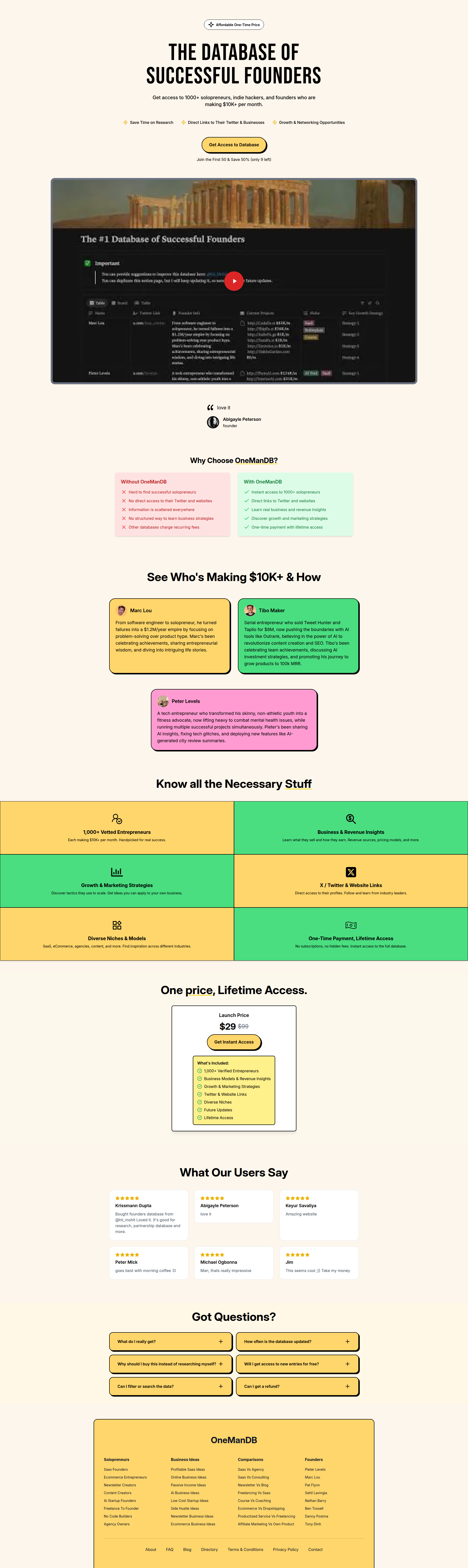 Landing page screenshot for onemandb.com, 1920 by 6431 pixels