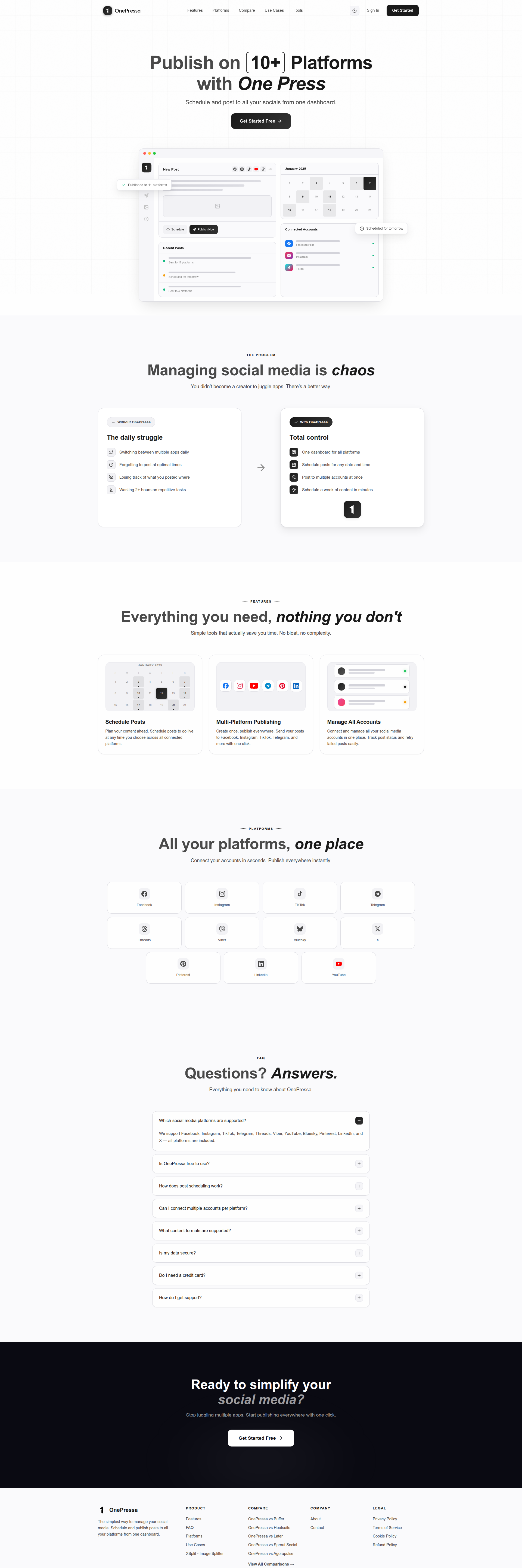 Landing page screenshot for onepressa.com, 1920 by 5756 pixels