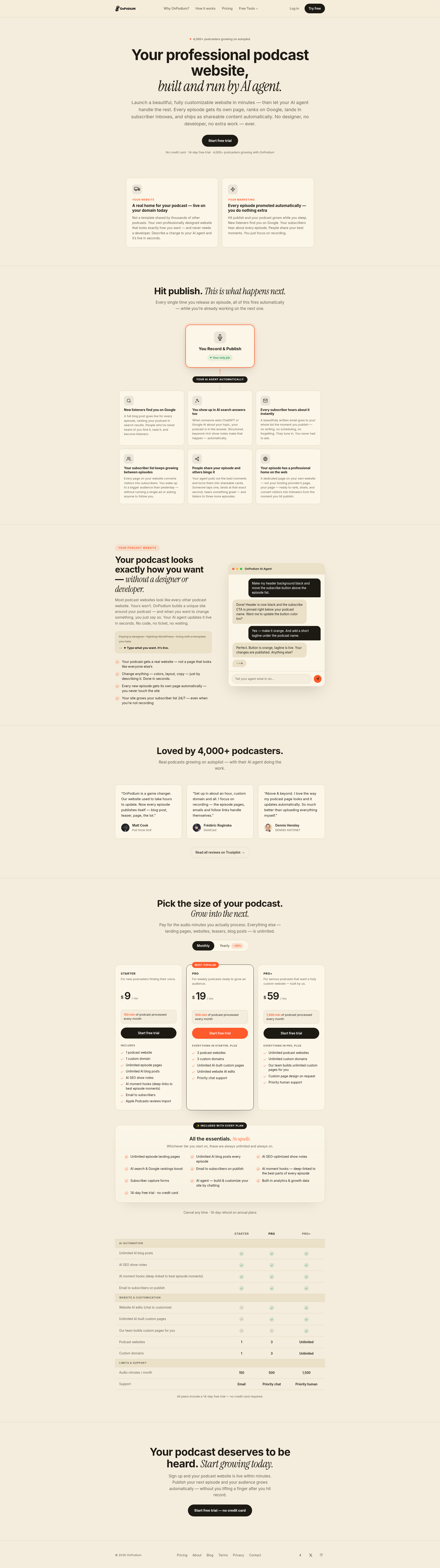 Landing page screenshot for onpodium.com, 1920 by 6841 pixels