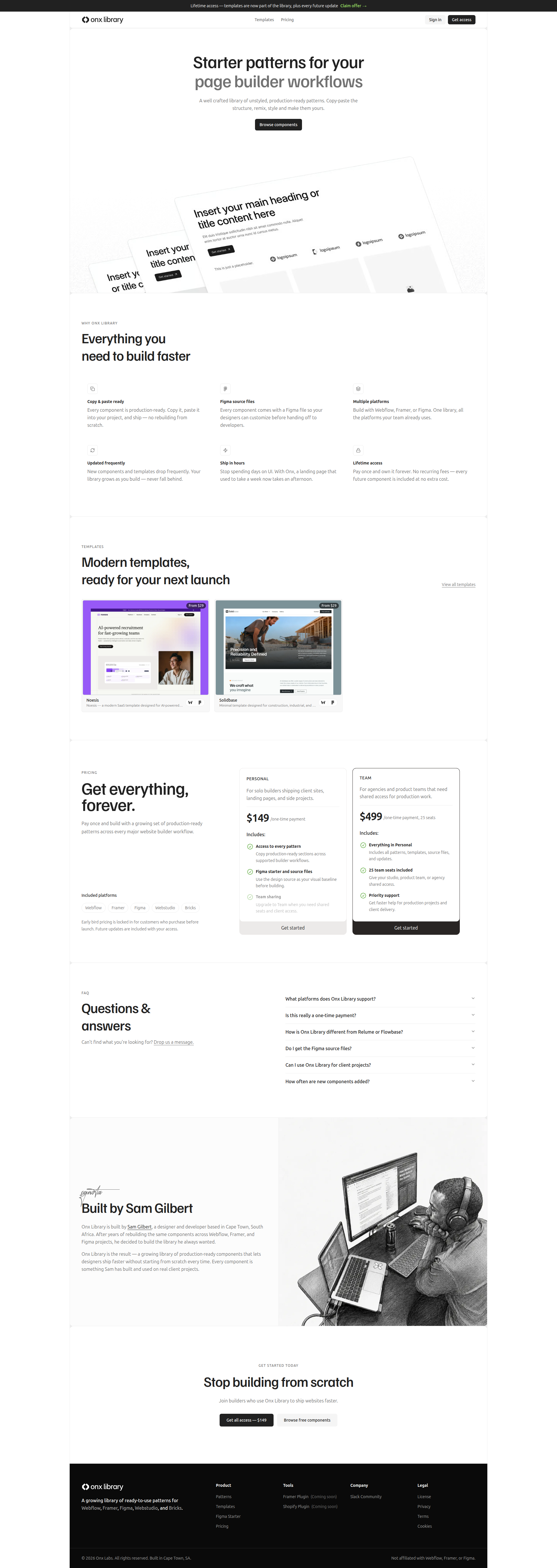 Landing page screenshot for onxui.com, 1920 by 5408 pixels