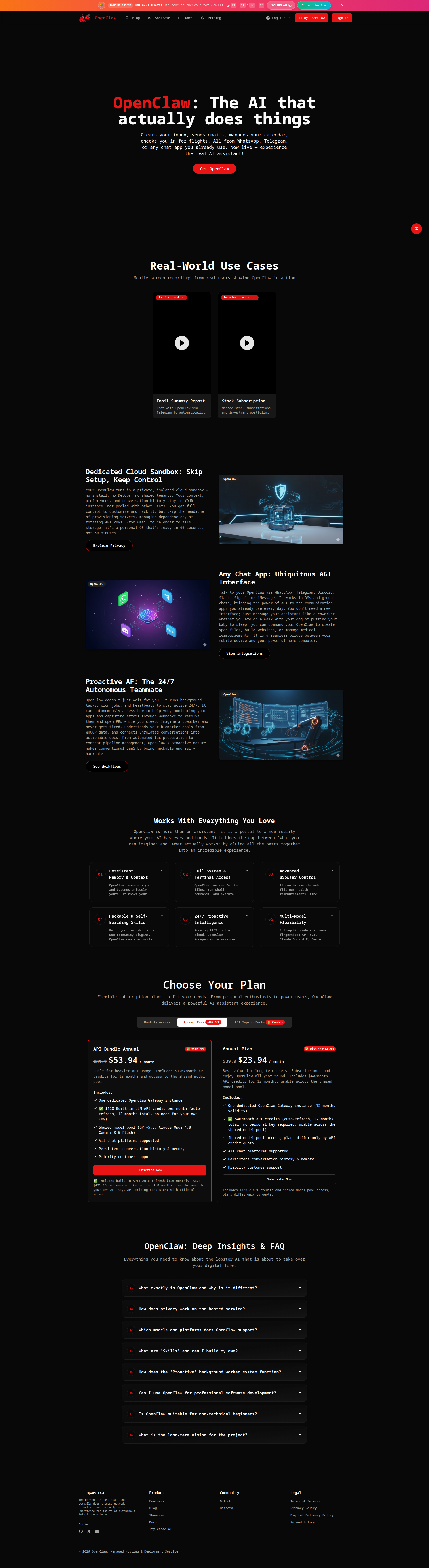 Landing page screenshot for open-claw.org, 1920 by 7018 pixels