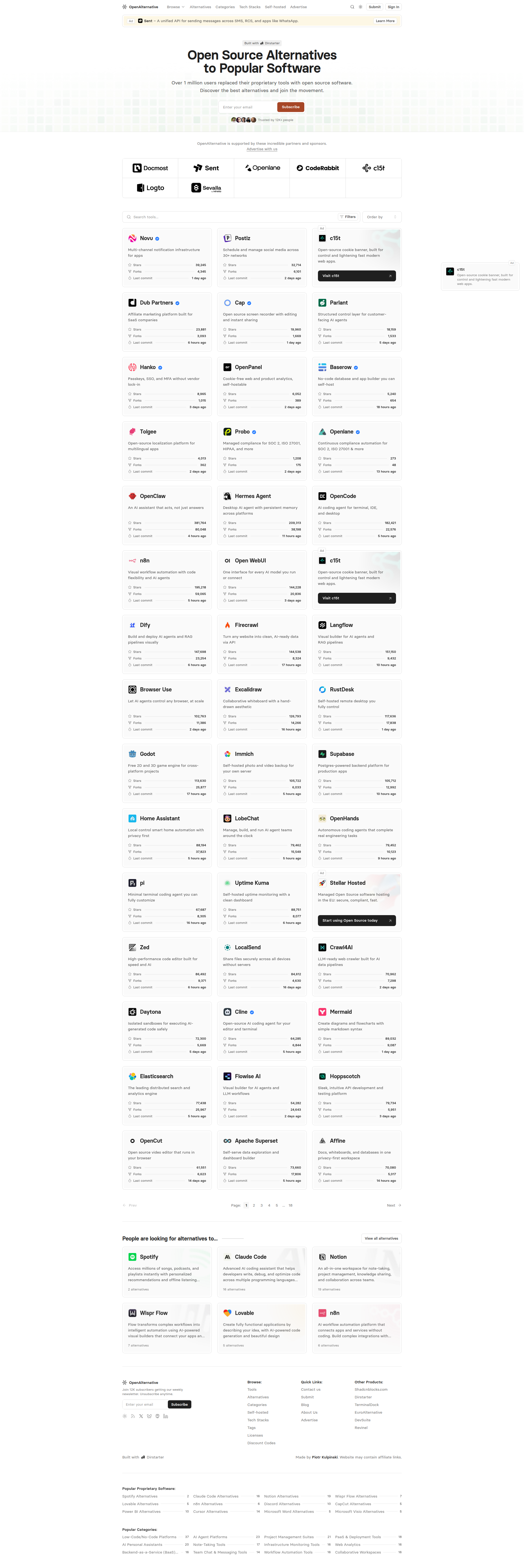 Landing page screenshot for openalternative.co, 1920 by 5740 pixels