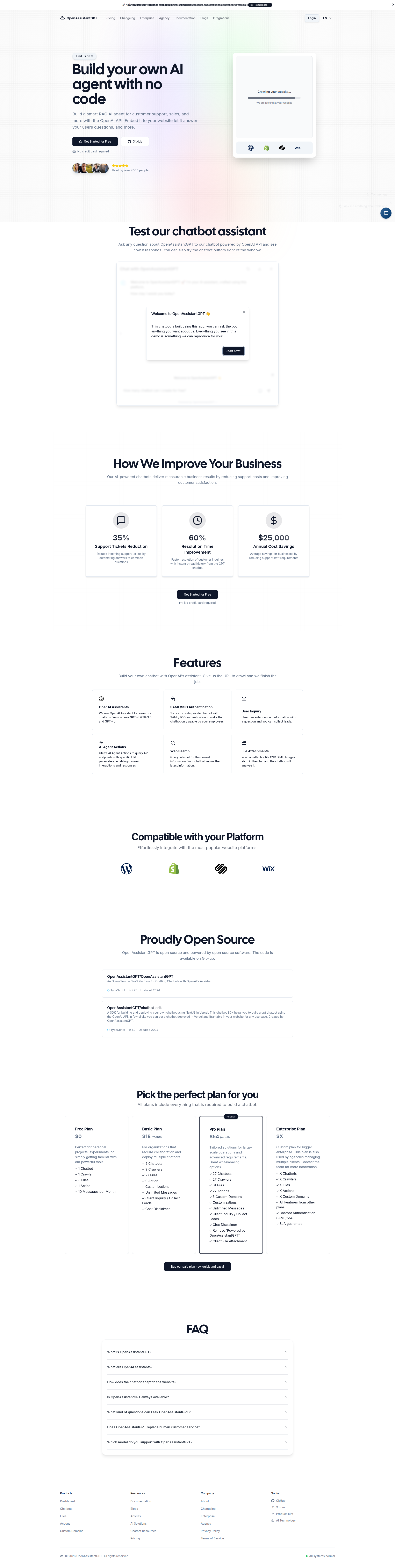 Landing page screenshot for openassistantgpt.io, 1920 by 7622 pixels