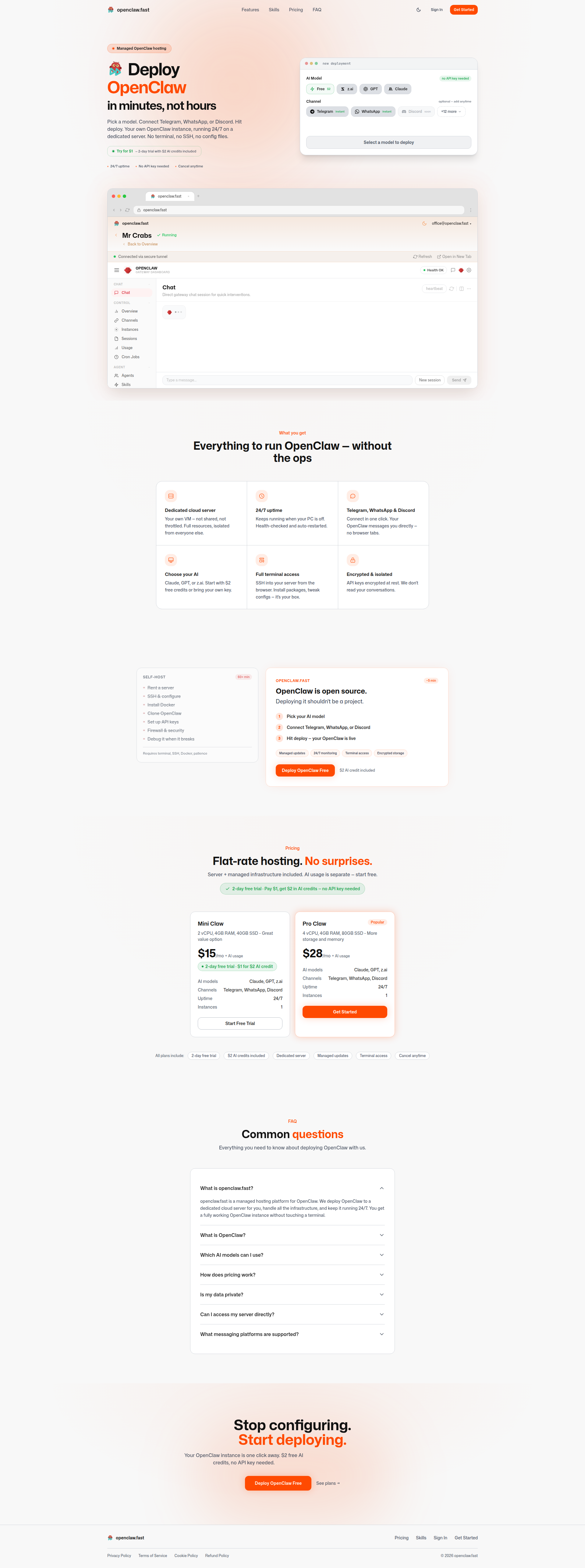 Landing page screenshot for openclaw.fast, 1920 by 5143 pixels