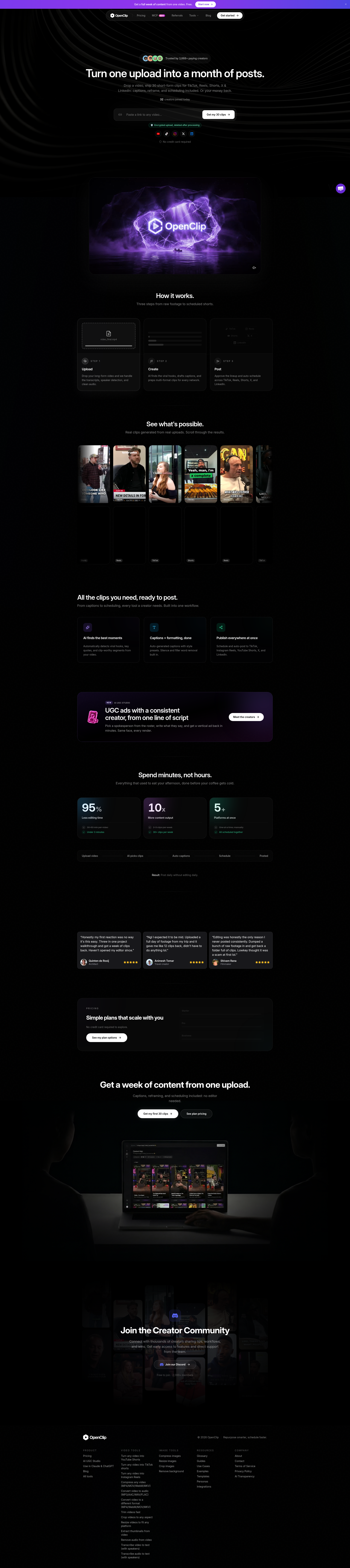 Landing page screenshot for openclip.app, 1920 by 8592 pixels
