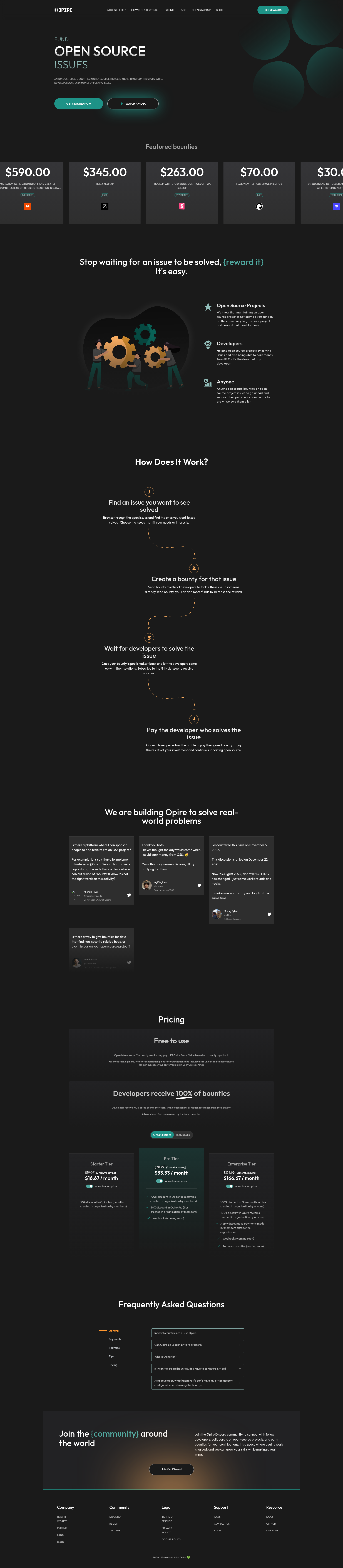 Landing page screenshot for opire.dev, 1920 by 8784 pixels