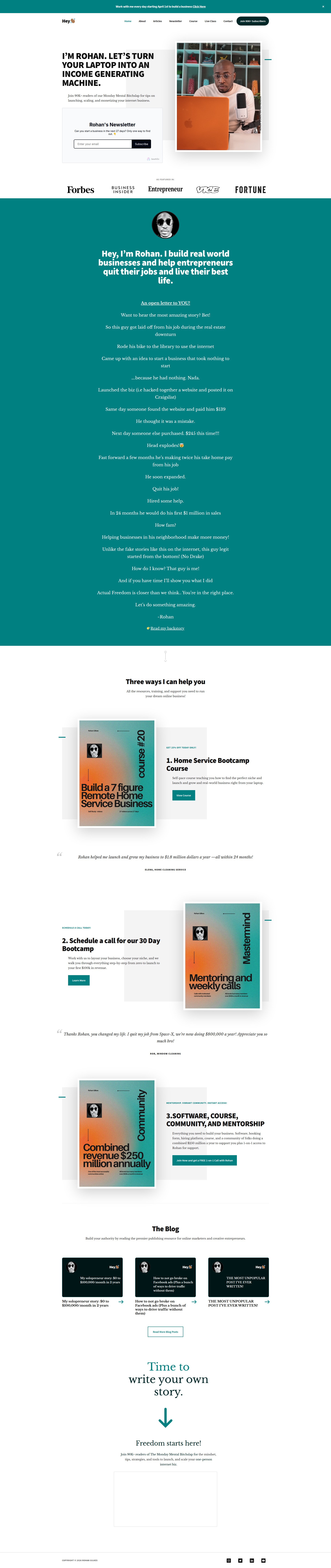 Landing page screenshot for rohangilkes.com, 1920 by 9093 pixels