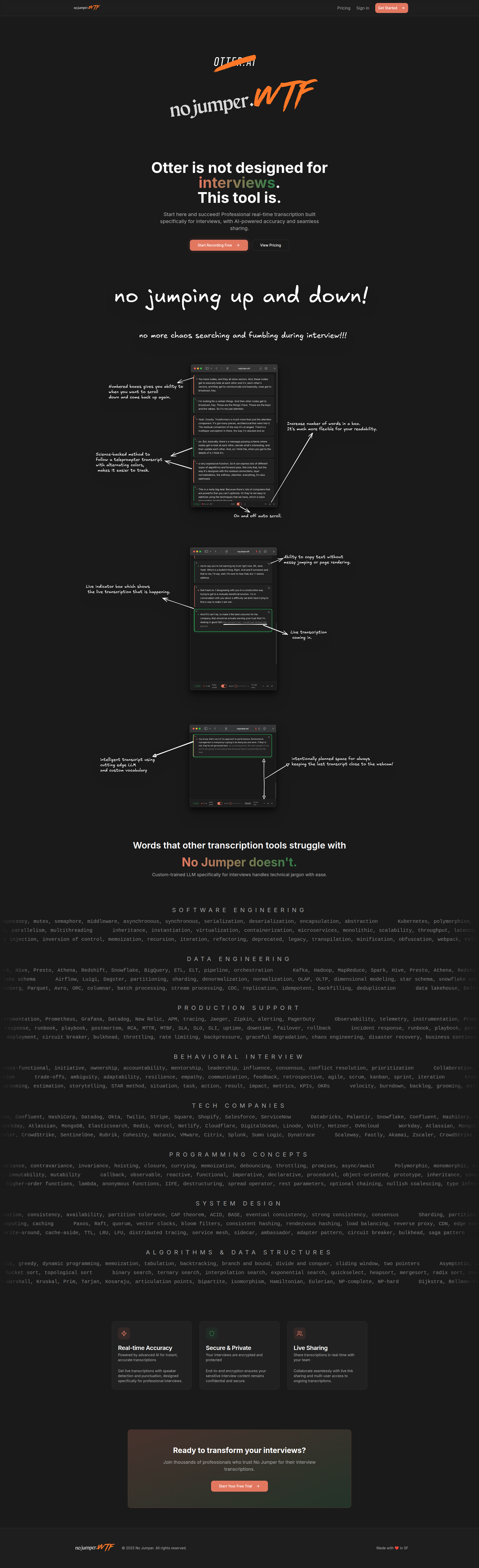 Landing page screenshot for nojumper.wtf, 1920 by 6285 pixels