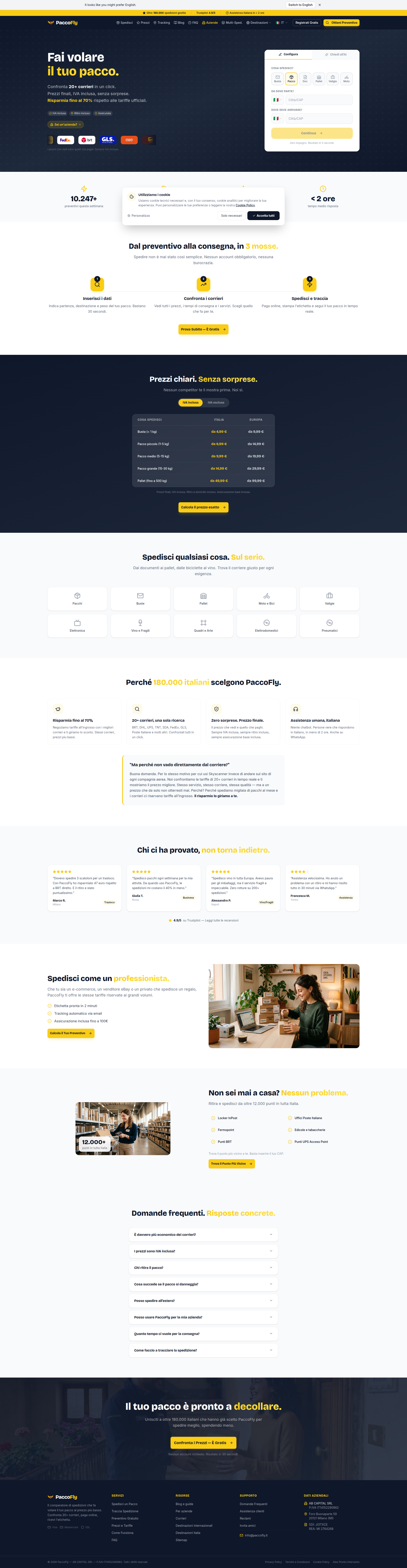 Landing page screenshot for paccofly.it, 1920 by 7402 pixels