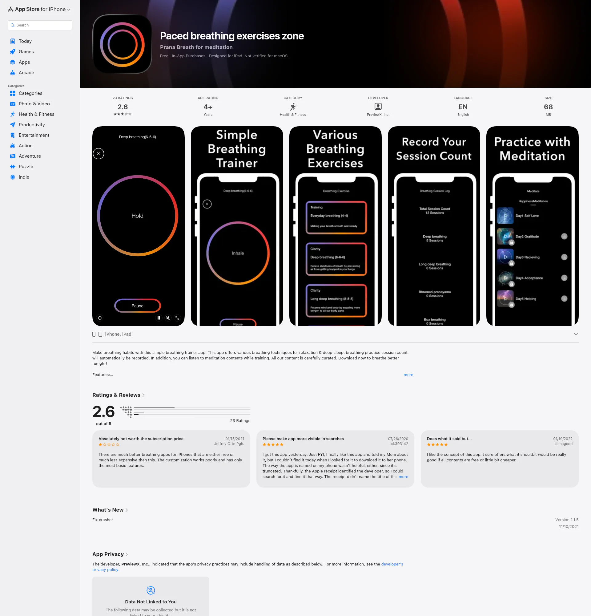 Paced breathing exercises zone landing page