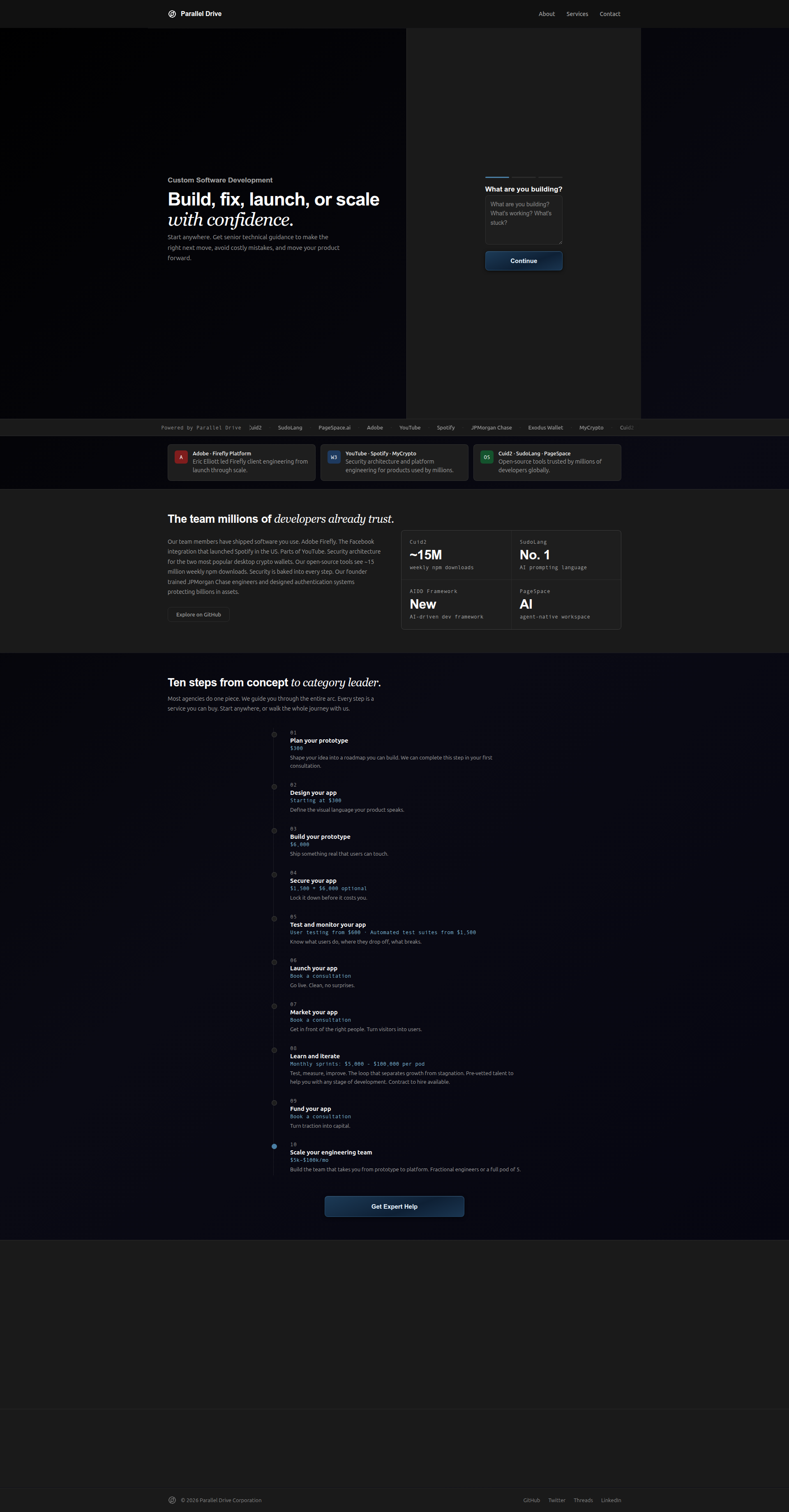 Landing page screenshot for paralleldrive.com, 1920 by 3679 pixels