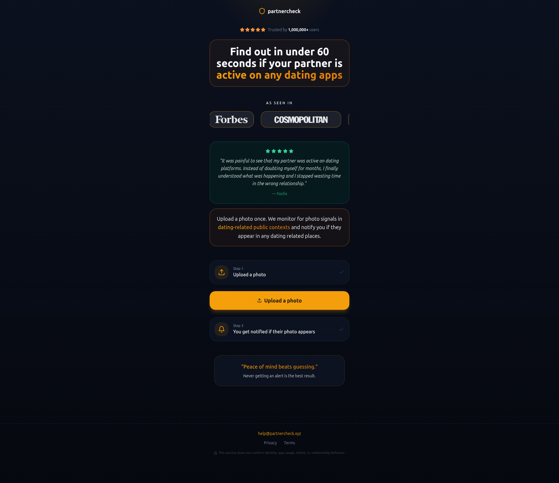 Landing page screenshot for partnercheck.xyz, 1920 by 1659 pixels