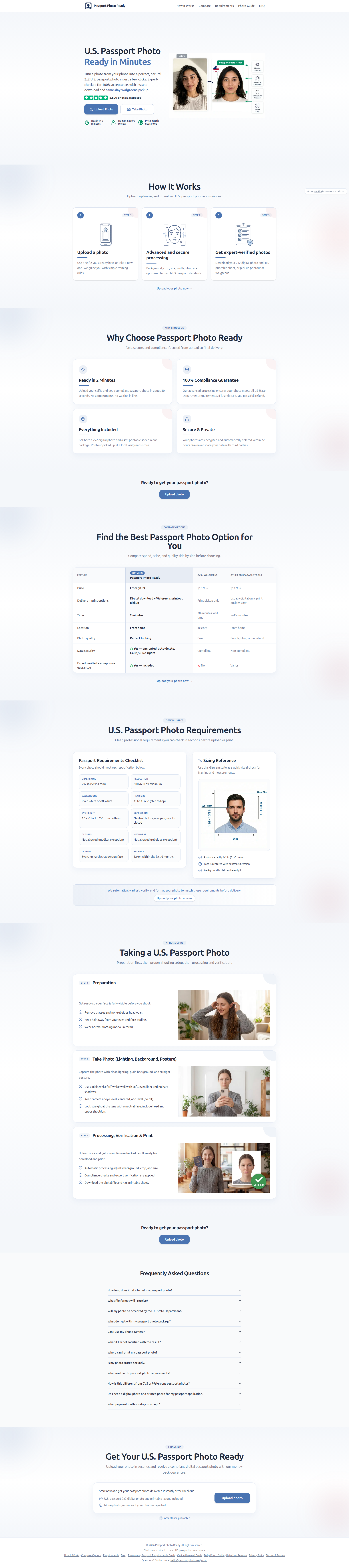 Landing page screenshot for passportphotoready.com, 1920 by 8634 pixels