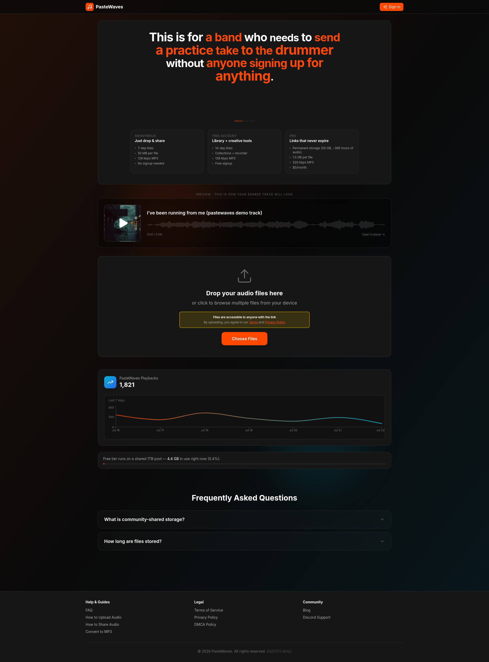 Landing page screenshot for pastewaves.com, 1920 by 2596 pixels