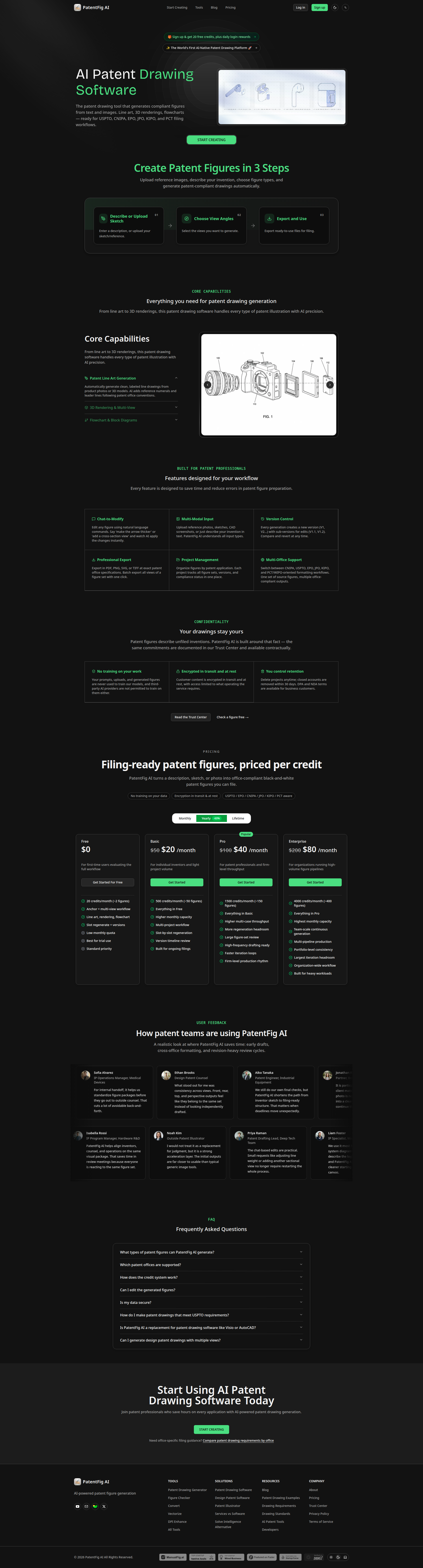 Landing page screenshot for patentfig.ai, 1920 by 7110 pixels