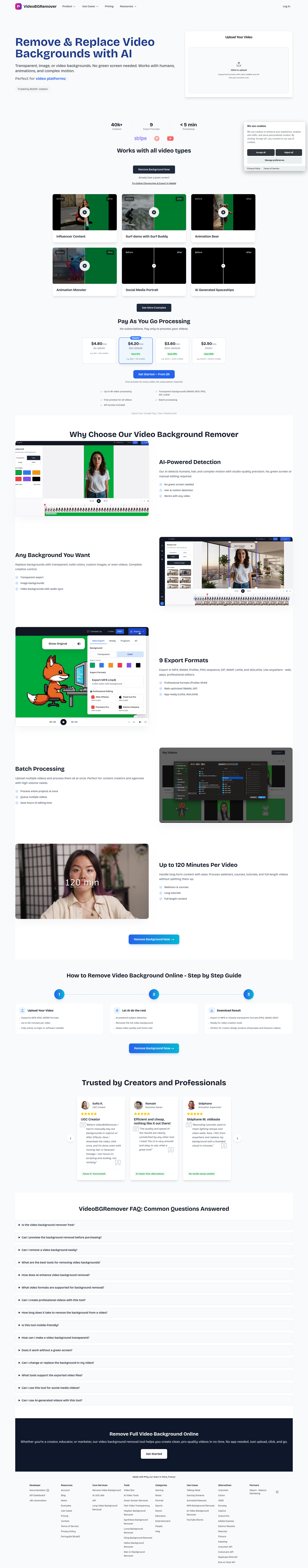Landing page screenshot for videobgremover.com, 1920 by 9757 pixels