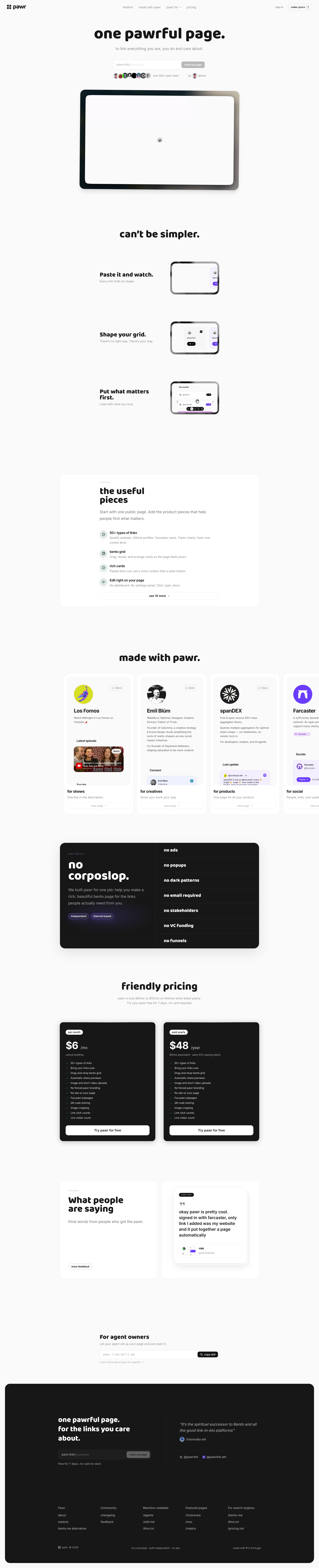 Landing page screenshot for pawr.link, 1920 by 9447 pixels