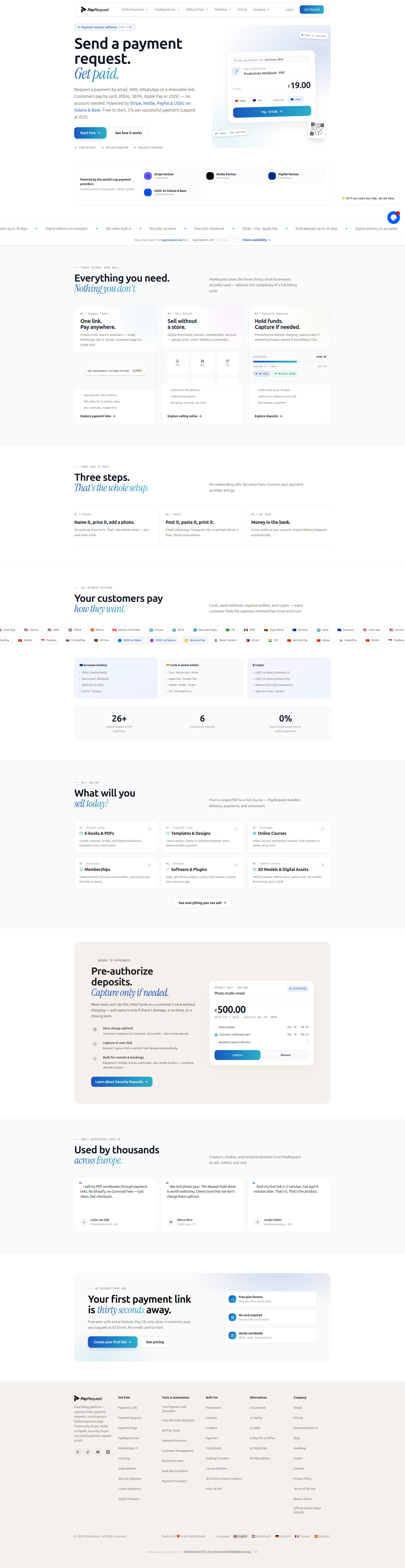 Landing page screenshot for payrequest.io, 1920 by 7423 pixels