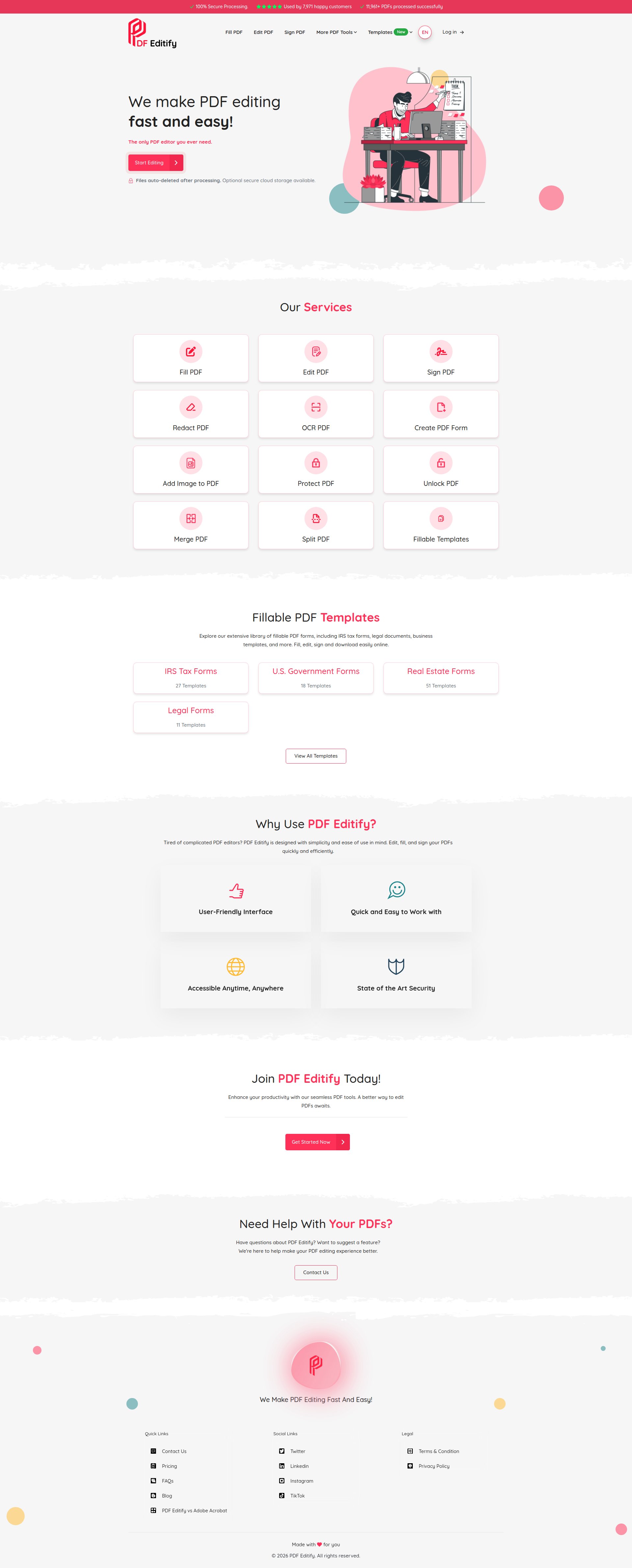 Landing page screenshot for pdfeditify.com, 1920 by 4760 pixels